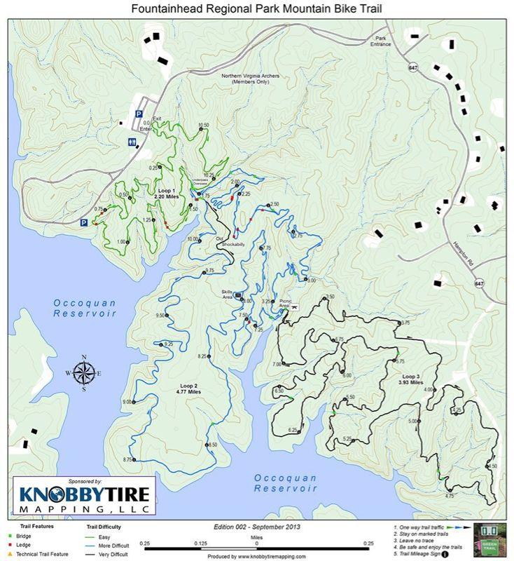 Map of the Fountainhead Regional Park Mountain Bike Trail, detailing various bike trails with difficulty levels. Features include trail lengths, landmarks, and the surrounding terrain near the Occoquan Reservoir. Fountainhead Regional Park mountain bike trail.