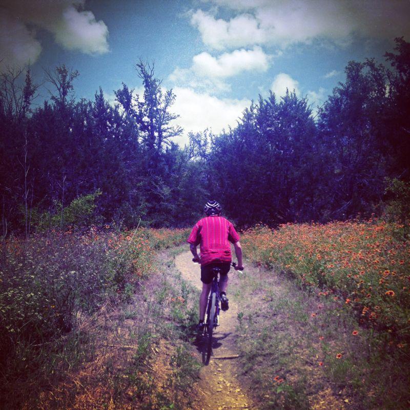 A person riding a bicycle along a dirt path surrounded by wildflowers and trees under a partly cloudy sky. Mckinney Falls State Park mountain bike trail.