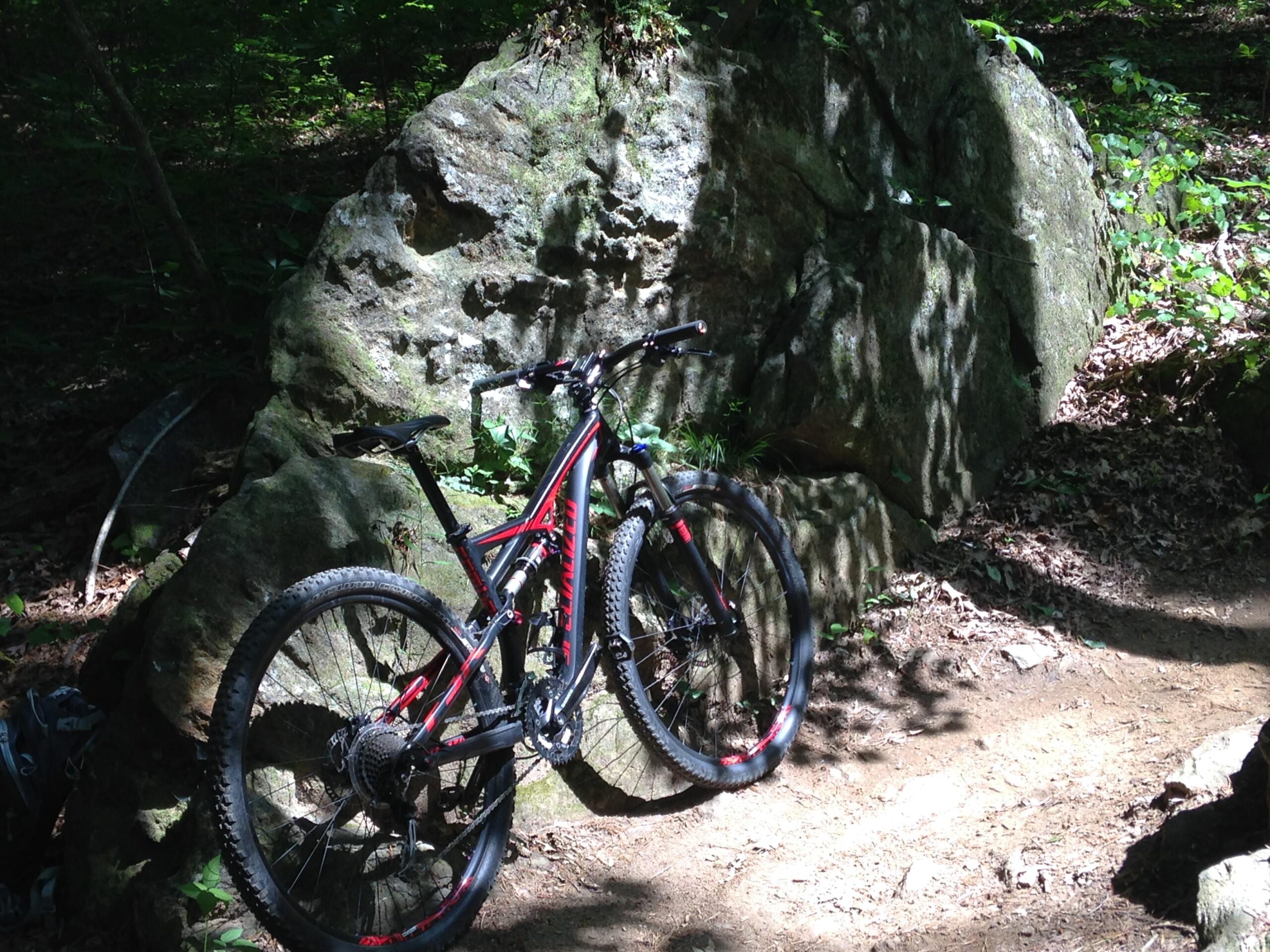 A mountain bike resting against a large boulder in a forested area, with dappled sunlight filtering through the trees and casting shadows on the ground. The trail is lined with leaves and greenery, creating a natural outdoor setting. Taylor Randahl Memorial Mountain Bike Trails At Olde Rope Mill Park mountain bike trail.