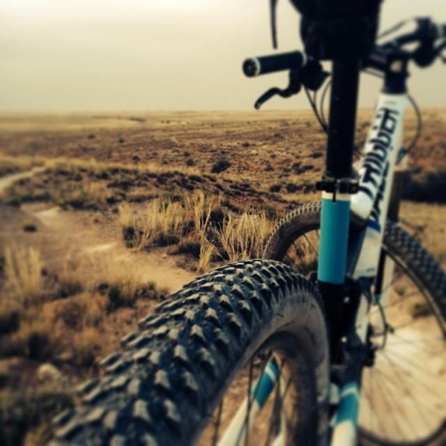 A close-up view of a mountain bike's front wheel and frame, positioned against a backdrop of a vast, open landscape with dry grass and a distant horizon under a cloudy sky. Skidmarks mountain bike trail.