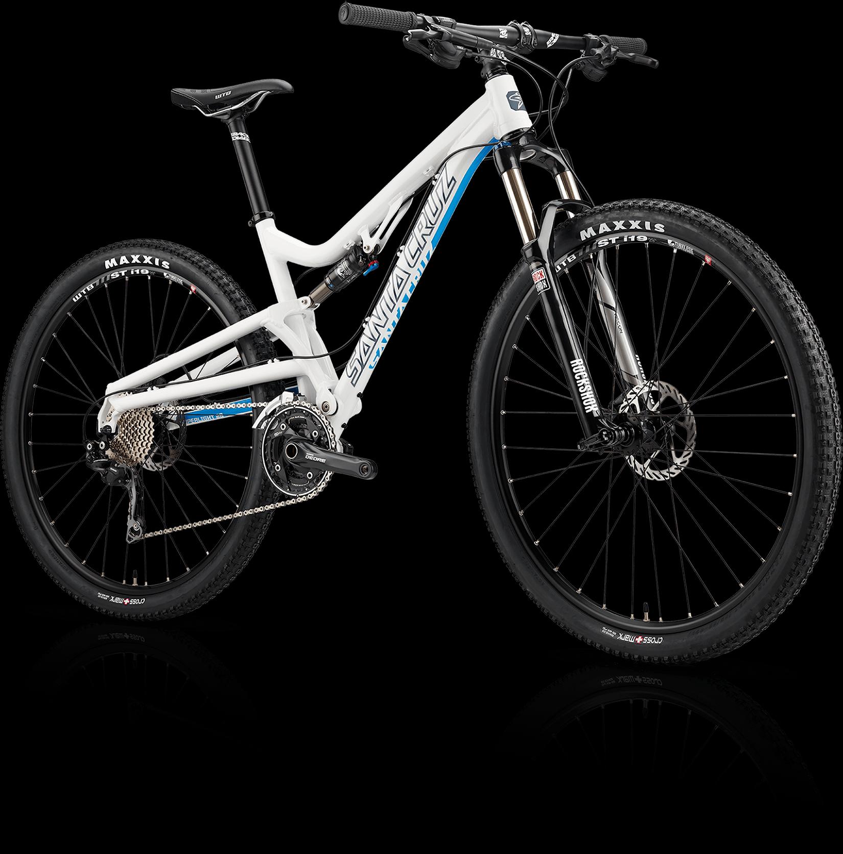 Santa Cruz SuperLight 29: Image of a modern mountain bike featuring a white frame with blue accents, front suspension, and high-traction tires. The bike is displayed at an angle, showcasing its disc brakes and drivetrain. The background is black, emphasizing the bike's design and details.