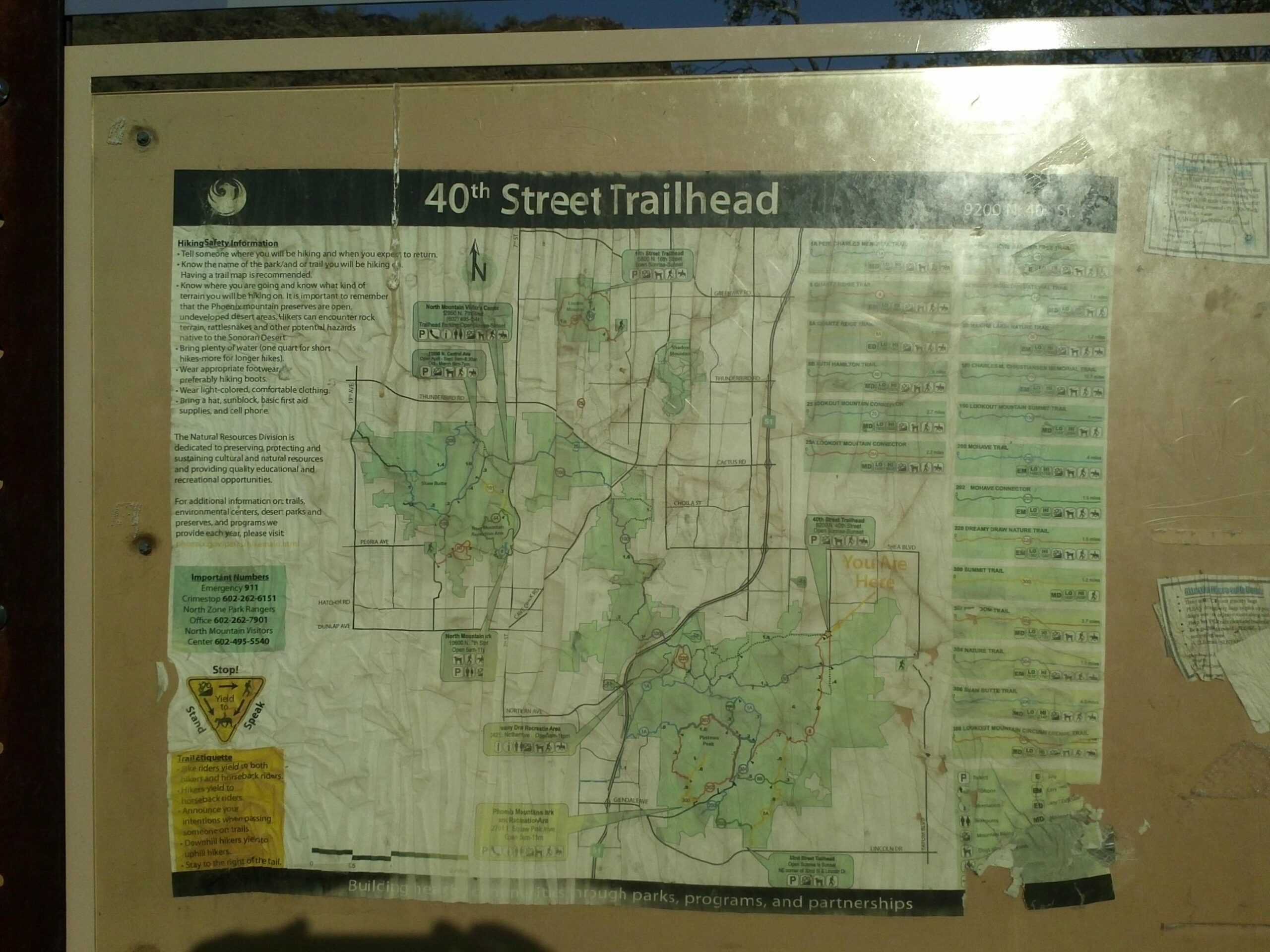 Map of the 40th Street Trailhead, showing hiking information, trail routes, and local geography. The map includes safety tips for hikers and important contact numbers for emergencies.