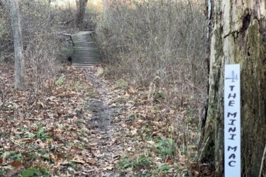 A narrow dirt path lined with fallen leaves and small plants, leading to a wooden bridge in a natural setting. A sign labeled "THE MINI MAC" is positioned next to a tree on the right side of the path. The scene is surrounded by trees and underbrush, indicating a forested area. The Dump mountain bike trail.
