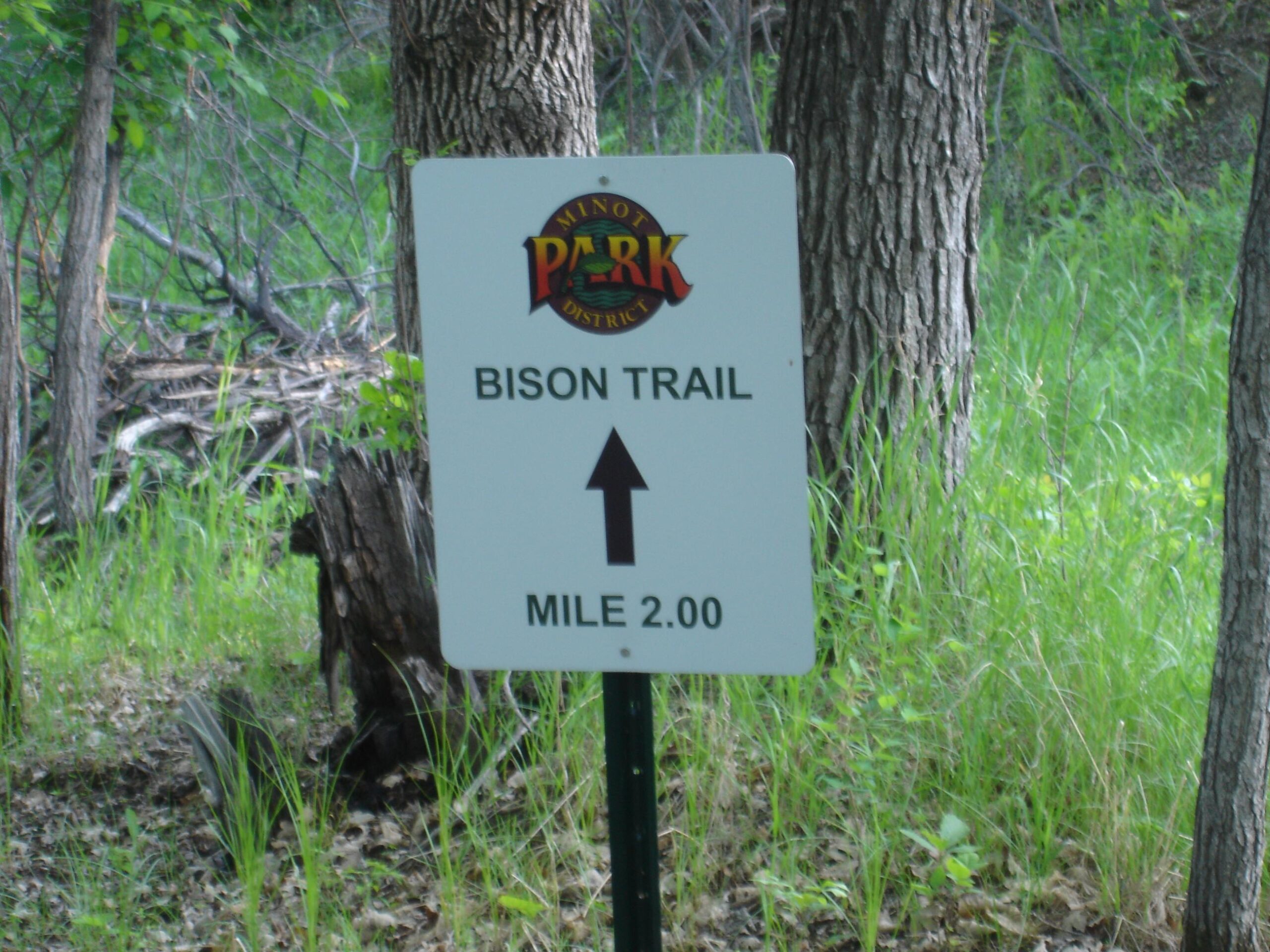 Sign indicating the Bison Trail with an arrow pointing upwards and stating "Mile 2.00," set against a backdrop of trees and grassy foliage. Bison Plant mountain bike trail.