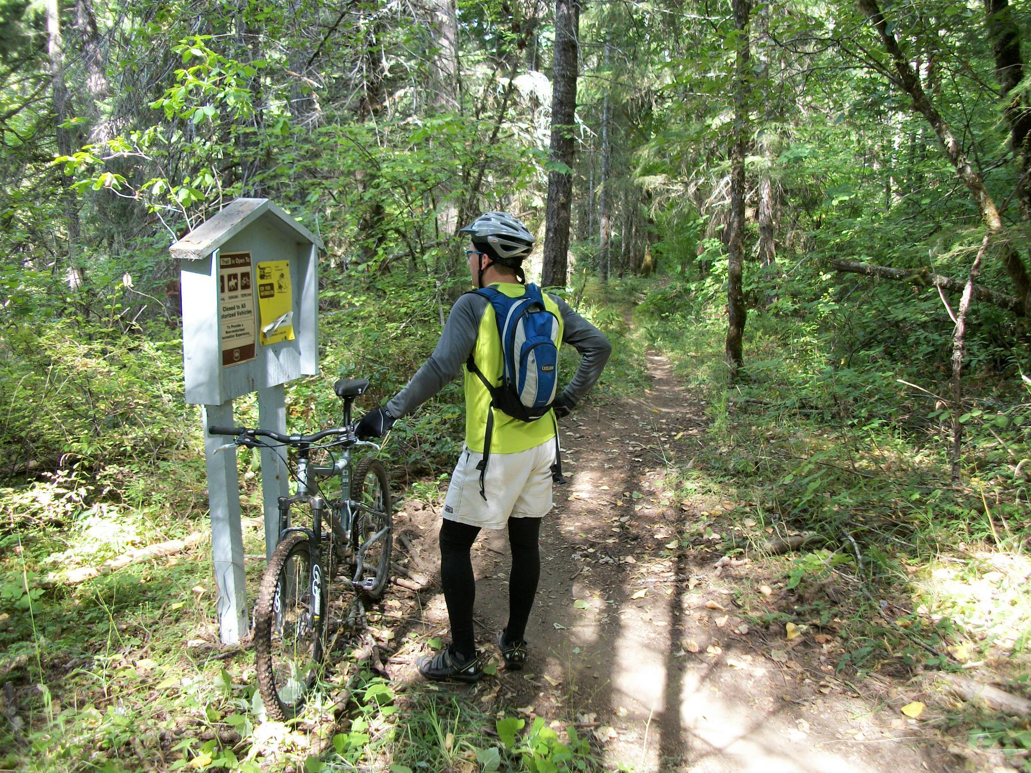 A cyclist pauses on a forested trail to read an information board while next to their mountain bike, surrounded by greenery and tree cover. The scene captures the essence of outdoor adventure and nature exploration. Middle Fork Trail mountain bike trail.