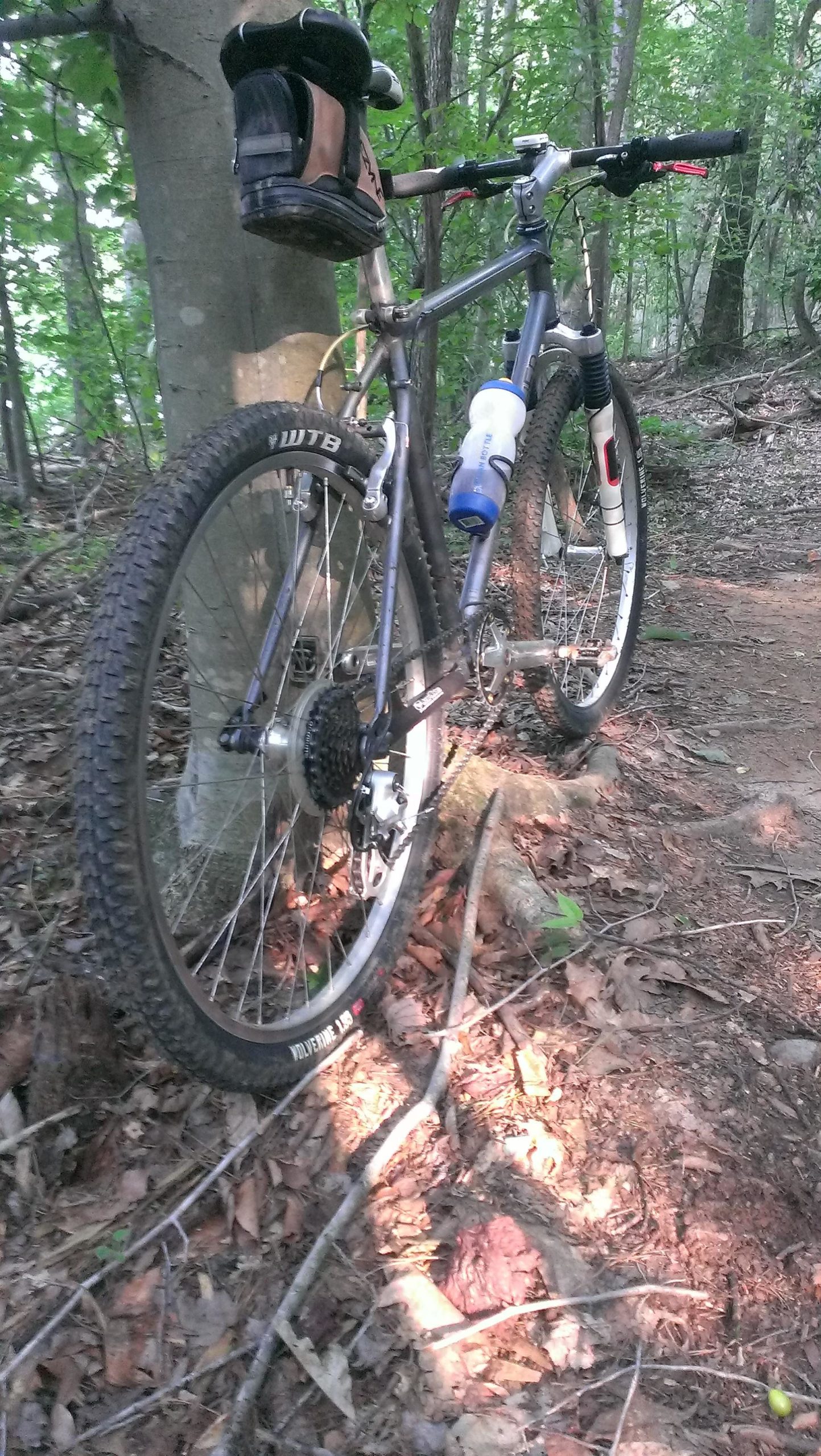 A mountain bike leaning against a tree on a dirt trail surrounded by green foliage and fallen leaves. The bike features a water bottle mounted on the frame and a small brown saddle bag attached to the seat. Sunlight filters through the trees, creating patches of light on the ground. Reidsville Mountain Bike Trail mountain bike trail.