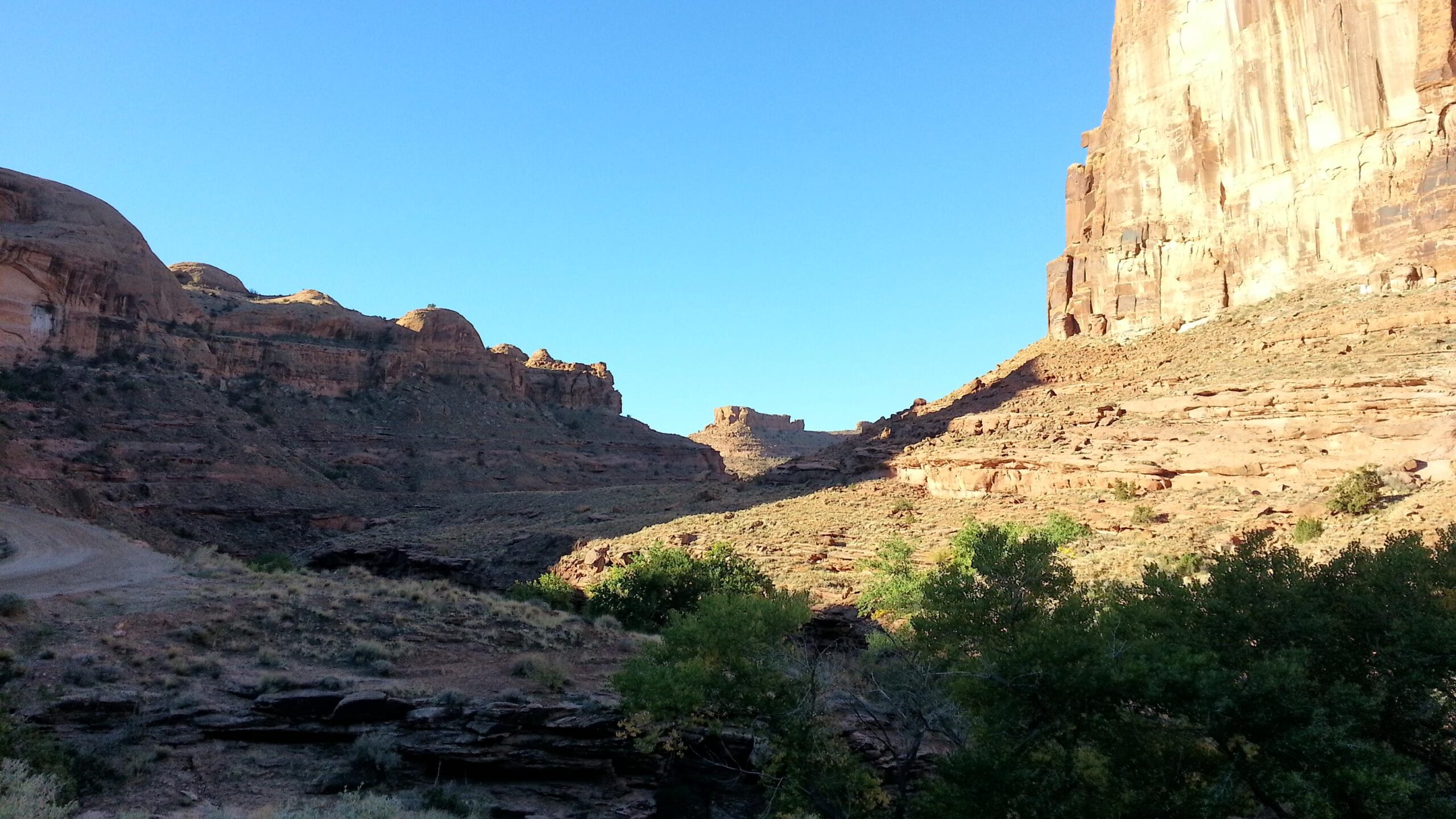 A scenic view of a rugged canyon landscape under a clear blue sky, featuring steep rock formations and sparse vegetation in the foreground. The terrain includes a winding dirt path and patches of greenery, showcasing the natural beauty of the area. Amasa Back Trail mountain bike trail.