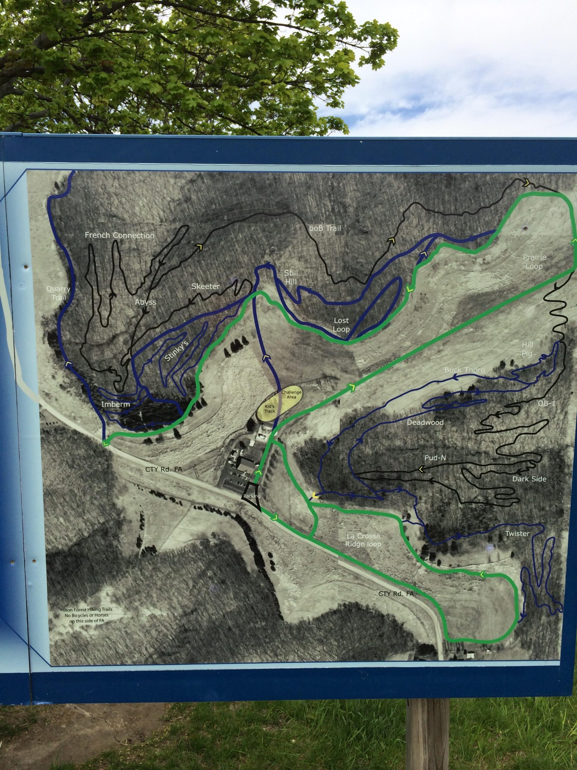 Map of a trail system featuring various labeled paths and loops, including "French Connection," "Skeeter," and "Abyss." The map outlines the routes in different colors, with blue and green lines denoting specific trails. Nearby features include a parking area and other amenities, set against a backdrop of trees and sky. Hixon Forest mountain bike trail.