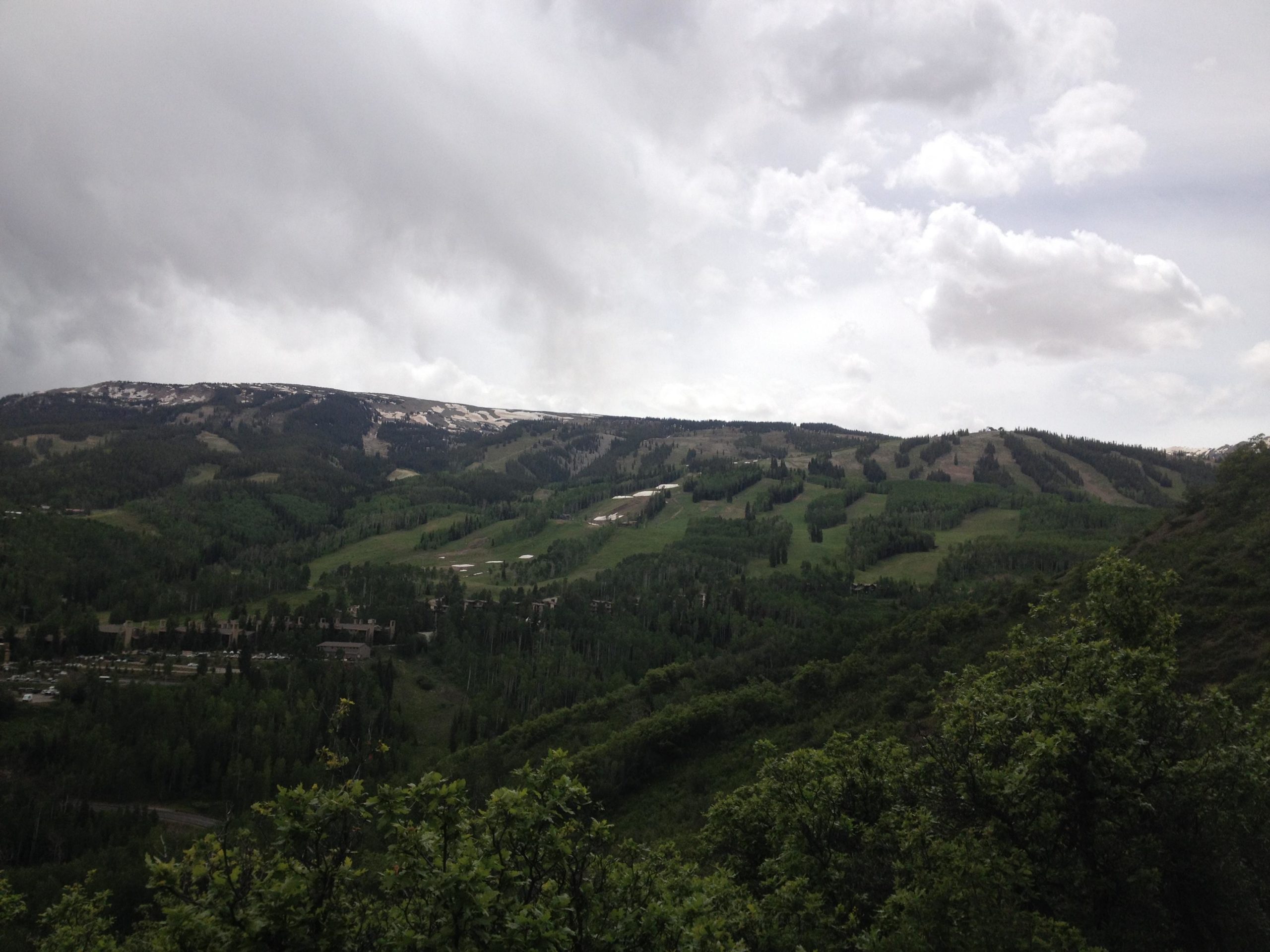 A scenic view of a mountainous landscape featuring rolling green hills, patches of snow on the peaks, and a cloudy sky above. Lush vegetation is visible in the foreground, with a view of buildings nestled among the trees below. Rim Trail mountain bike trail.