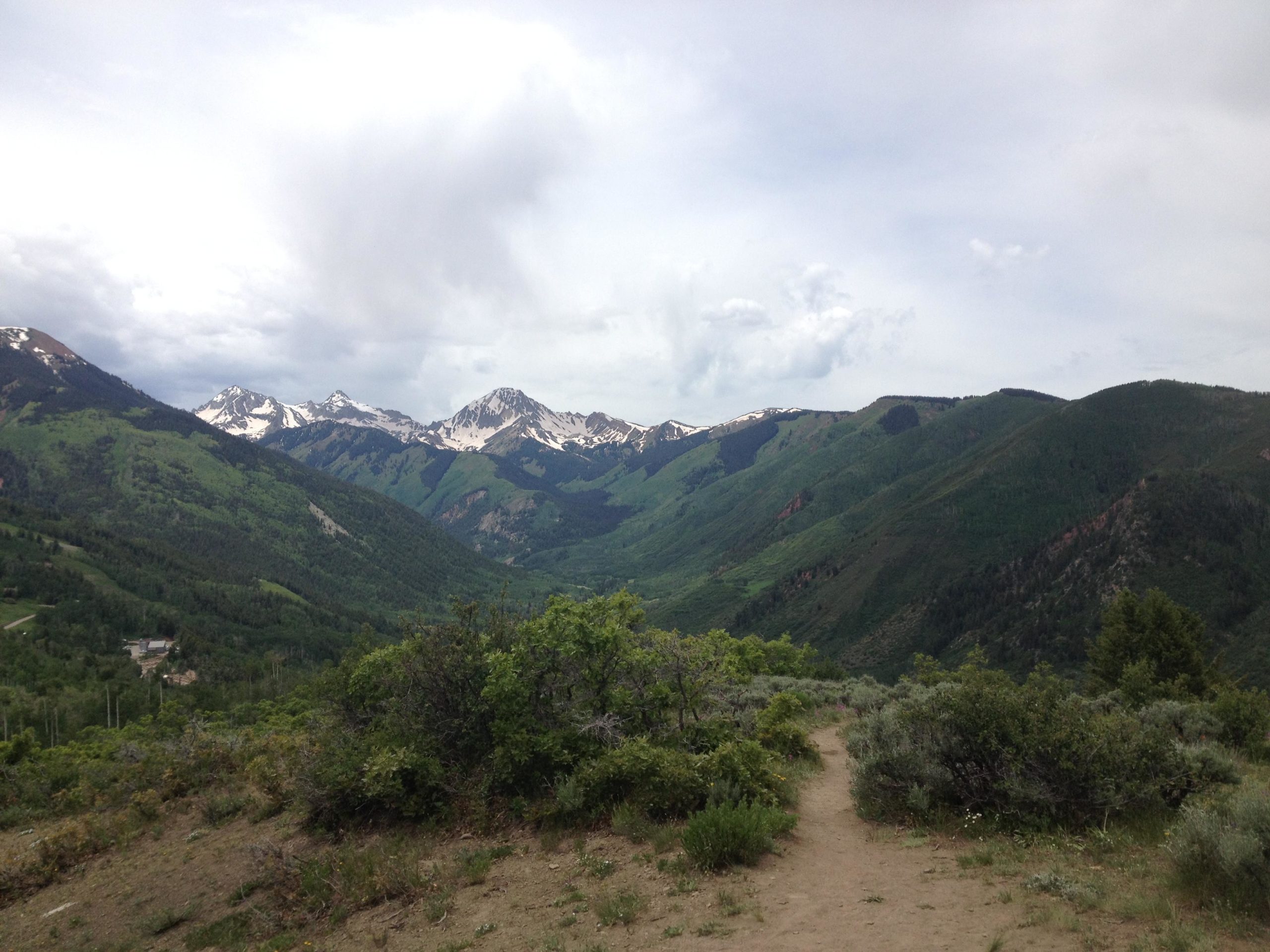 A scenic view of a mountainous landscape featuring snow-capped peaks and lush green valleys under a cloudy sky. The foreground includes a winding dirt path and patches of vegetation, while the background showcases multiple mountain ranges. Rim Trail mountain bike trail.