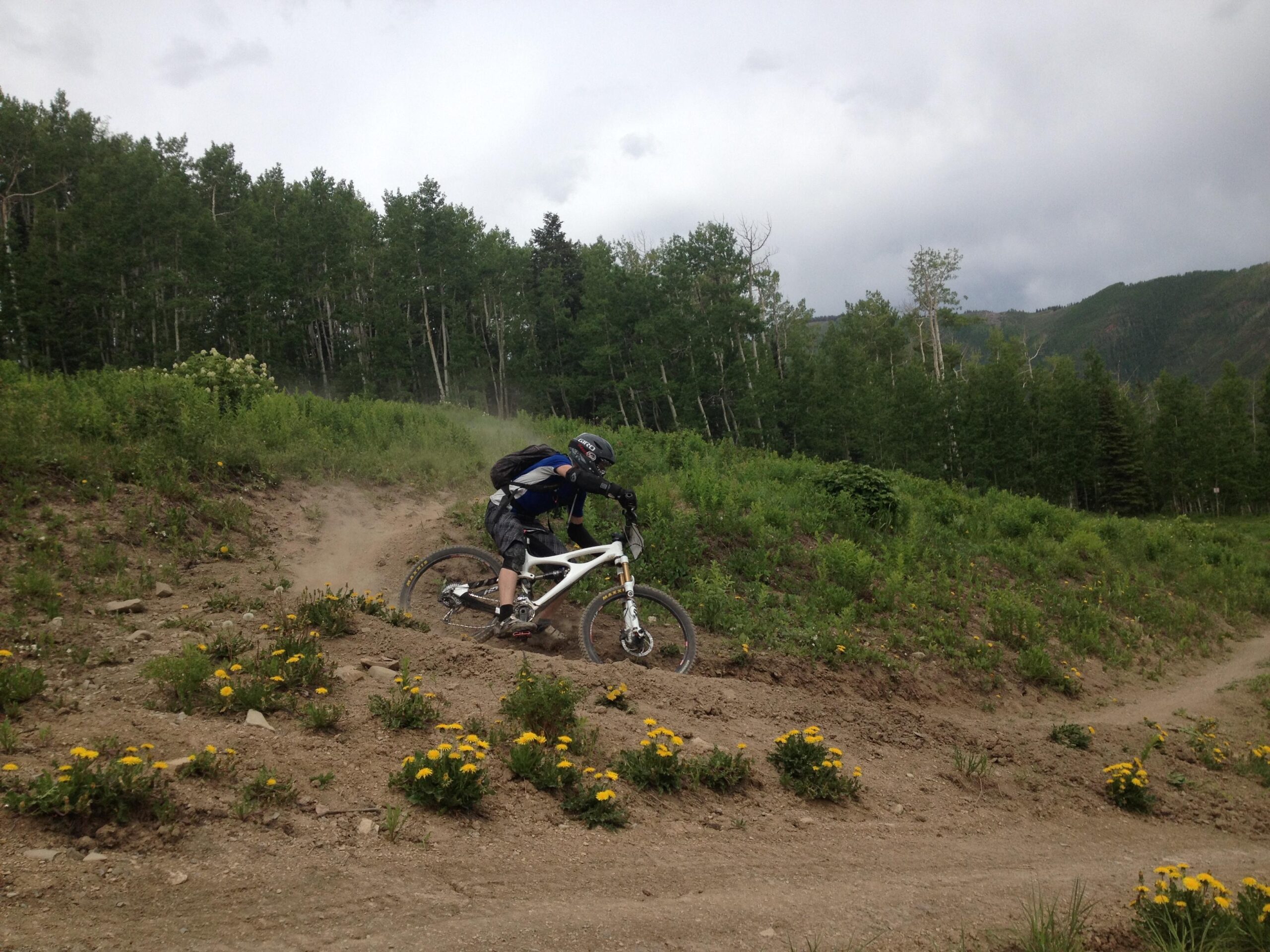 A mountain biker navigating a dirt trail surrounded by greenery and wildflowers. The rider is leaning into a curve, creating a trail of dust behind them. The landscape features a mix of trees and open fields under a cloudy sky. Village Bound mountain bike trail.