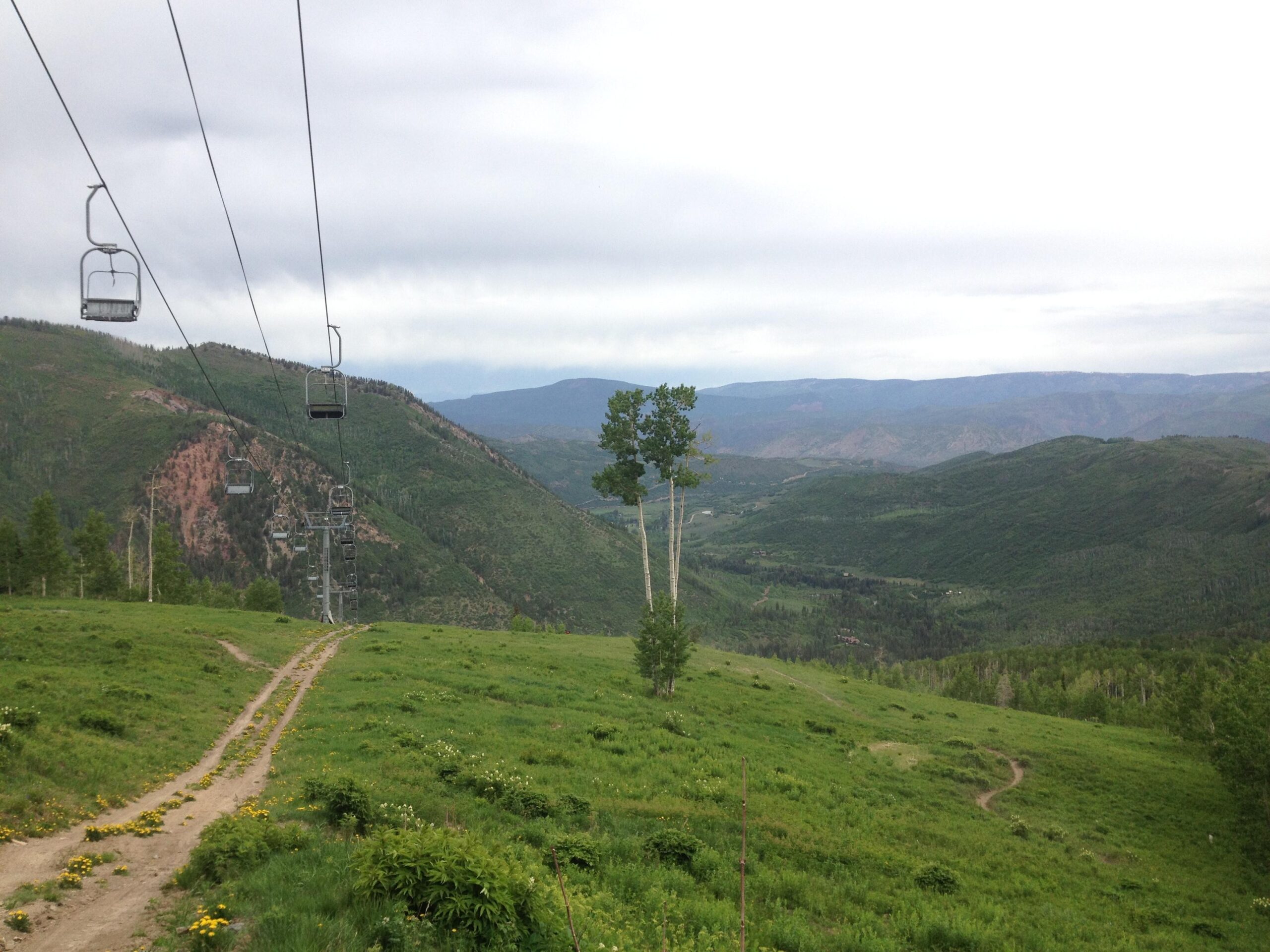 A scenic view of green hills and mountains under a cloudy sky, featuring ski lift chairs suspended on cables. A dirt path, lined with wildflowers, leads into the landscape. The lush valley below is surrounded by various shades of green, with hints of distant mountains in the background. Village Bound mountain bike trail.
