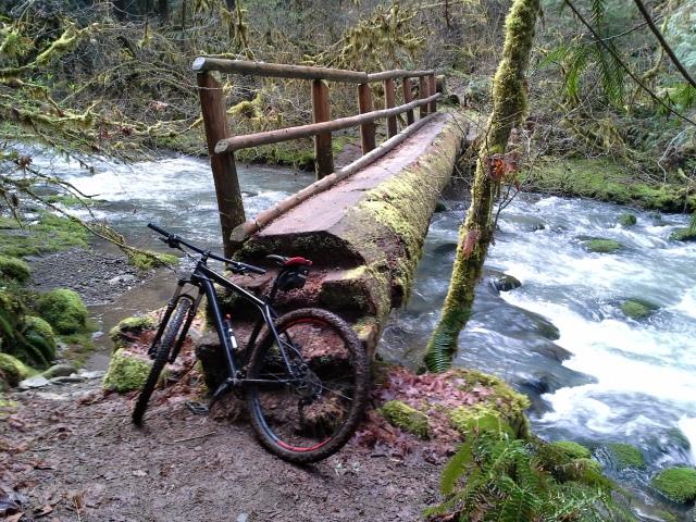 Specialized Rockhopper Pro Disc: A mountain bike resting on a dirt path beside a rustic wooden bridge that spans a flowing stream, surrounded by lush greenery and moss-covered rocks. The scene captures a tranquil moment in a forested area, with water cascading over smooth stones in the background.