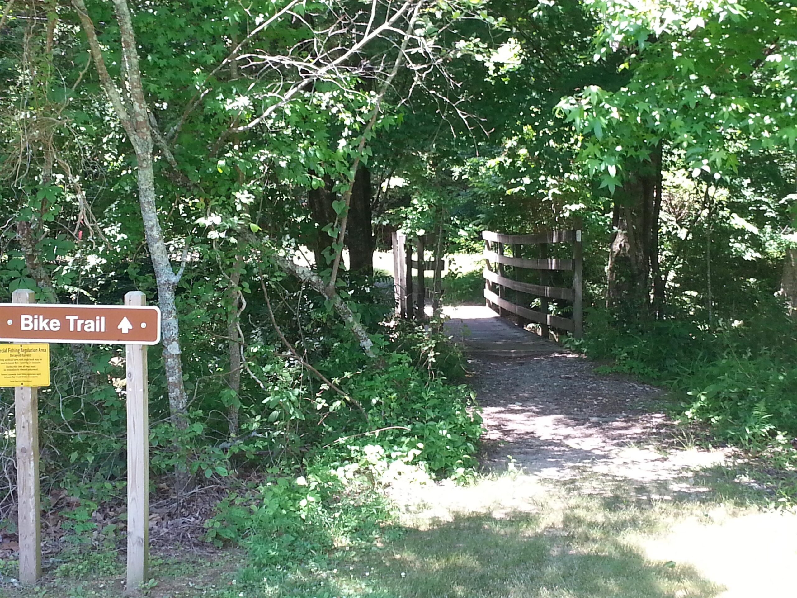 A wooden sign indicating a bike trail, surrounded by lush greenery and trees. A narrow pathway leads through a wooden bridge, inviting riders to explore the trail ahead. Unicoi State Park mountain bike trail.