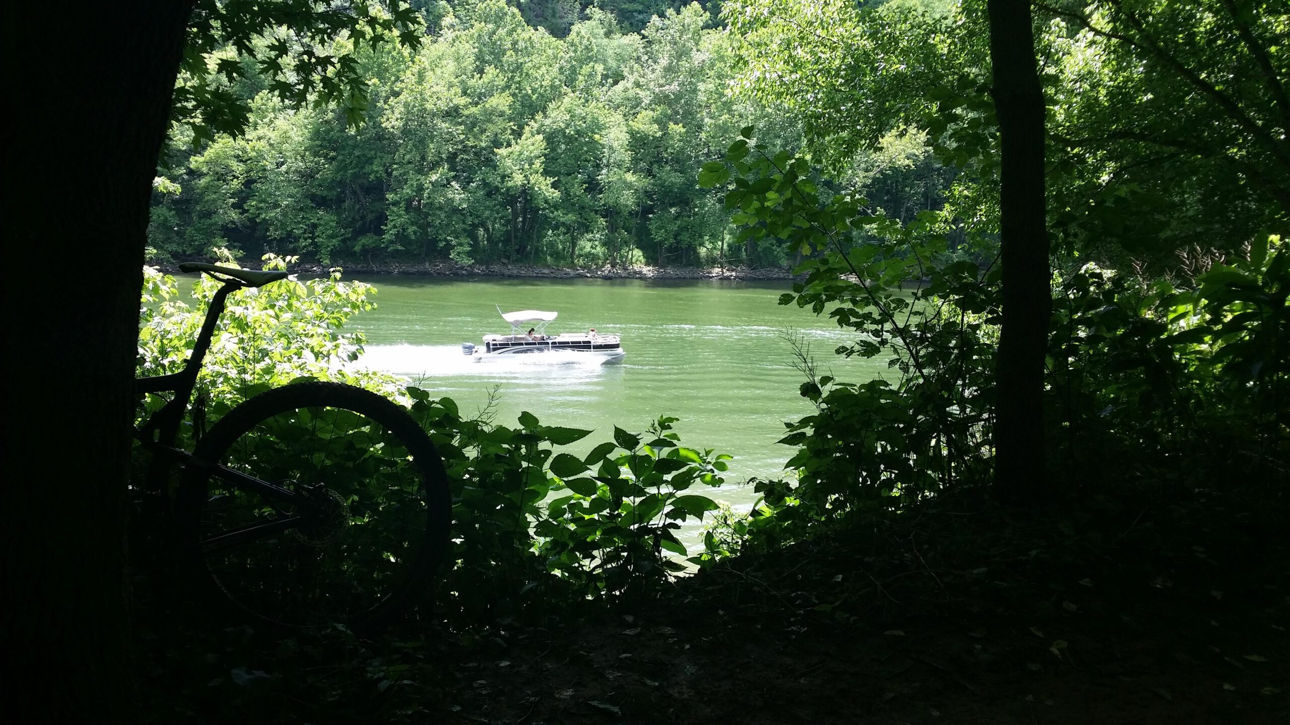 A serene view of a green river surrounded by lush trees, with a boat gently gliding through the water. In the foreground, a silhouetted bicycle leans against a tree, partially obscured by foliage. Capital View mountain bike trail.