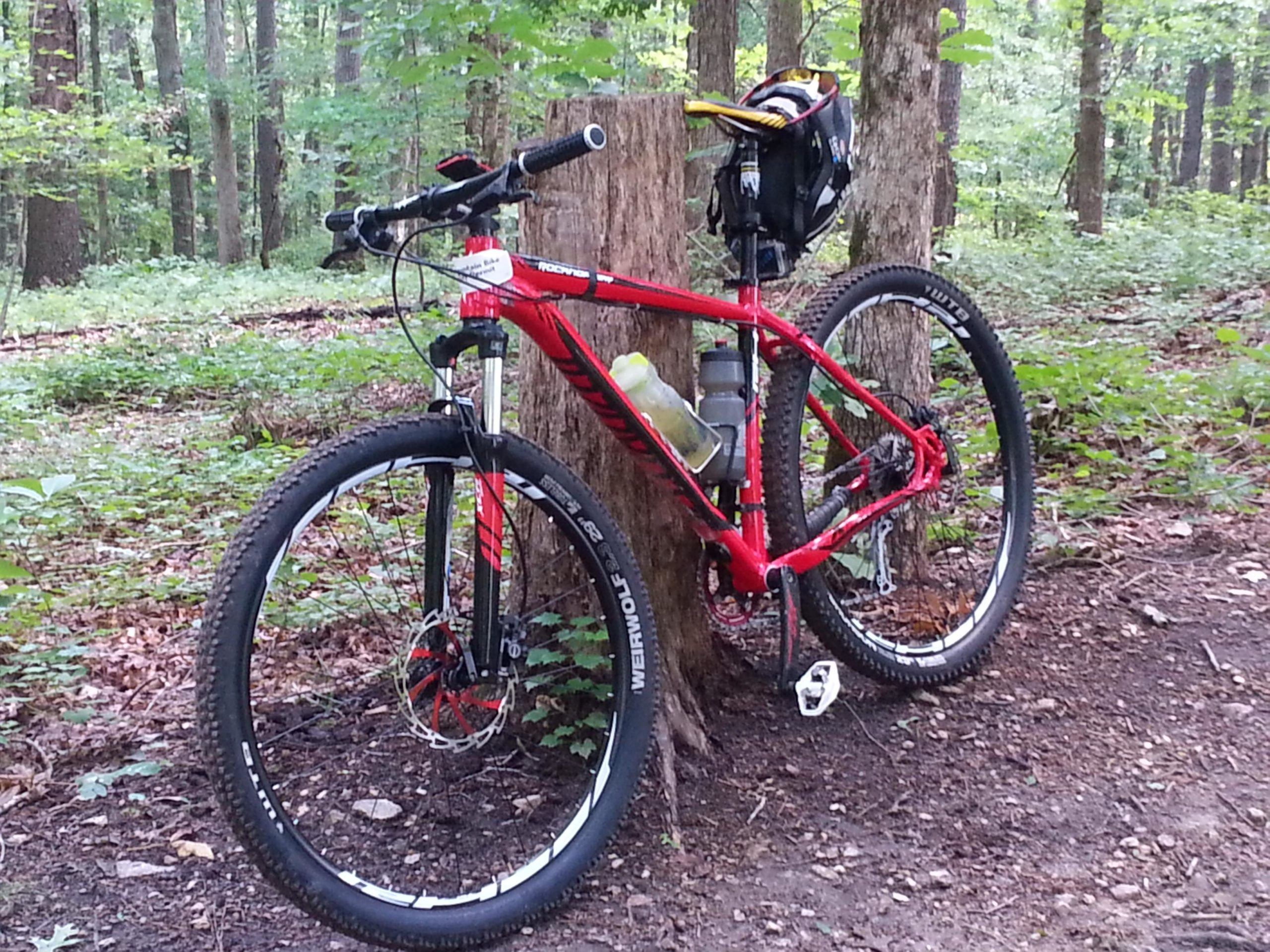 A red mountain bike leaning against a tree stump in a lush green forest. The bike has thick tires and a water bottle attached to the frame, with a small backpack resting on the handlebars. The ground is covered with leaves and small rocks, surrounded by tall trees and greenery. Fort Yargo State Park mountain bike trail.