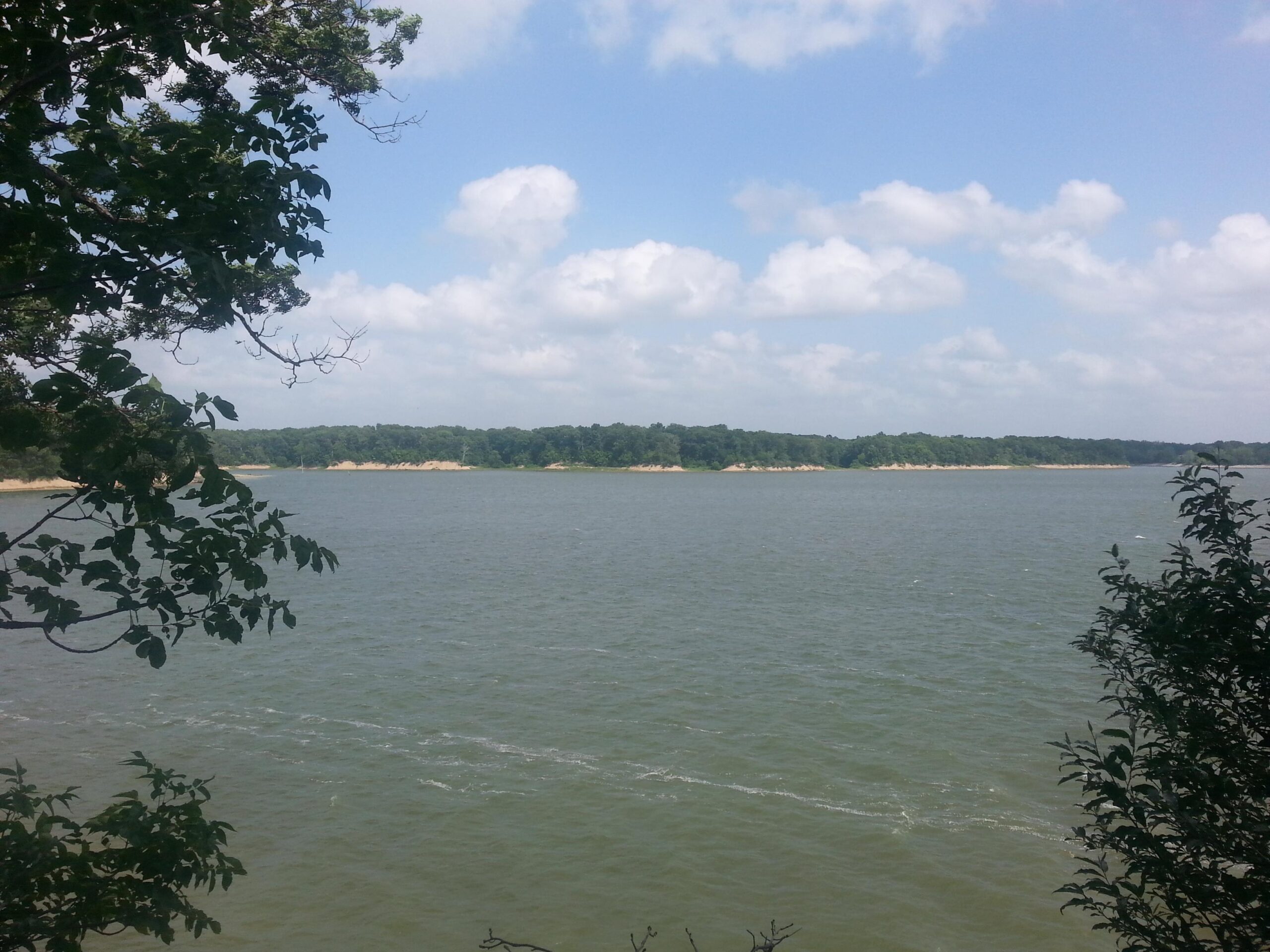 A serene view of a calm river surrounded by lush greenery and gently rolling hills under a partly cloudy sky. The scene captures the tranquil beauty of nature, with tree branches framing the image in the foreground. Camp Camfield mountain bike trail.