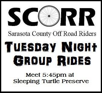 Graphic promoting Tuesday night group rides by the Sarasota County Off Road Riders (SCORR), including details about the meeting time (5:45 PM) and location (Sleeping Turtle Preserve). Features a bicycle wheel graphic and bold text.