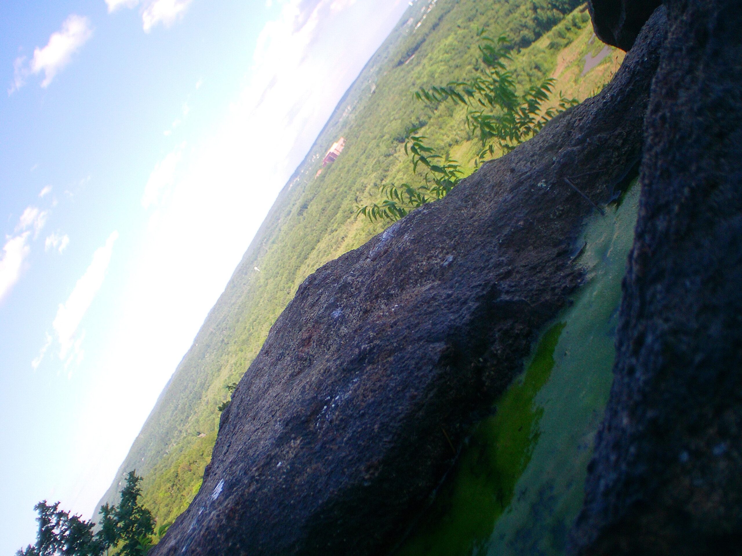A rocky ledge with a greenish streak, overlooking a sprawling landscape of trees and hills under a partly cloudy sky. The image captures a scenic view from a height, emphasizing the natural beauty of the area. Allamuchy State Park-North mountain bike trail.