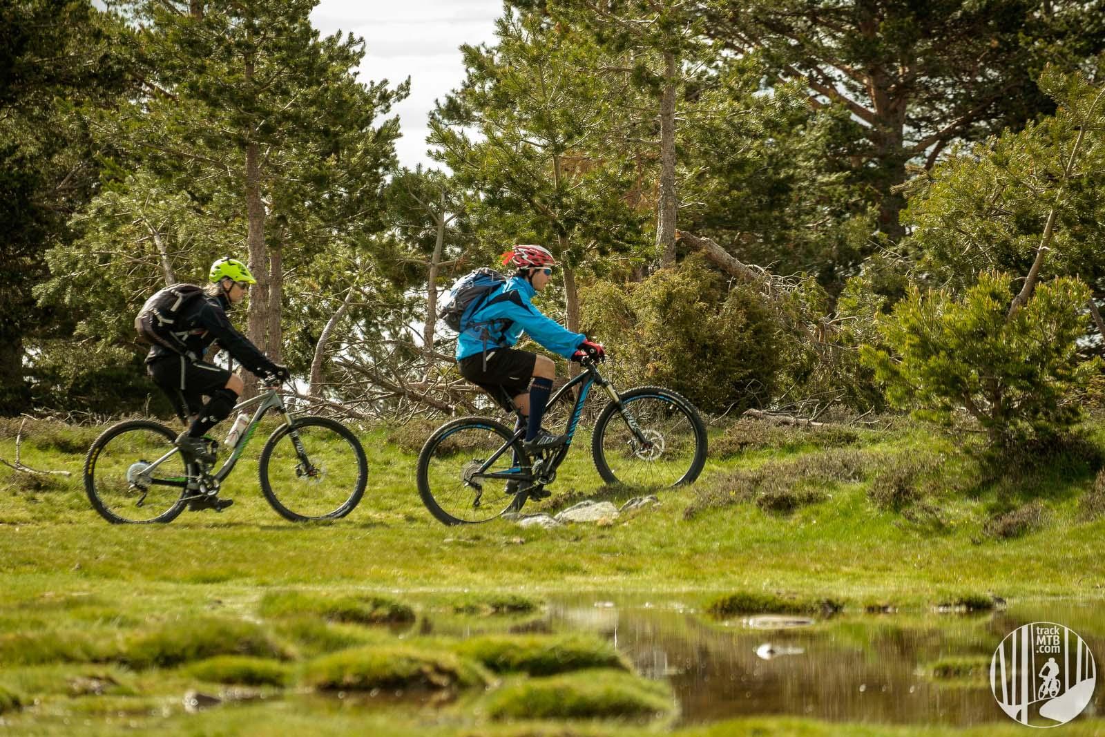 Two mountain bikers riding through a lush green landscape with scattered trees and a small pond. One rider is wearing a bright yellow helmet and black attire, while the other is dressed in a blue jacket and red helmet. The scene captures the essence of outdoor adventure and cycling in nature. Pico Urbion mountain bike trail.