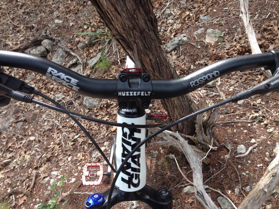 Giant Trance X3: Close-up view of a mountain bike handlebar and stem, featuring components from brands like Race Face, Giant, and Respond, set against a natural, wooded background with leaf litter and rocky terrain.