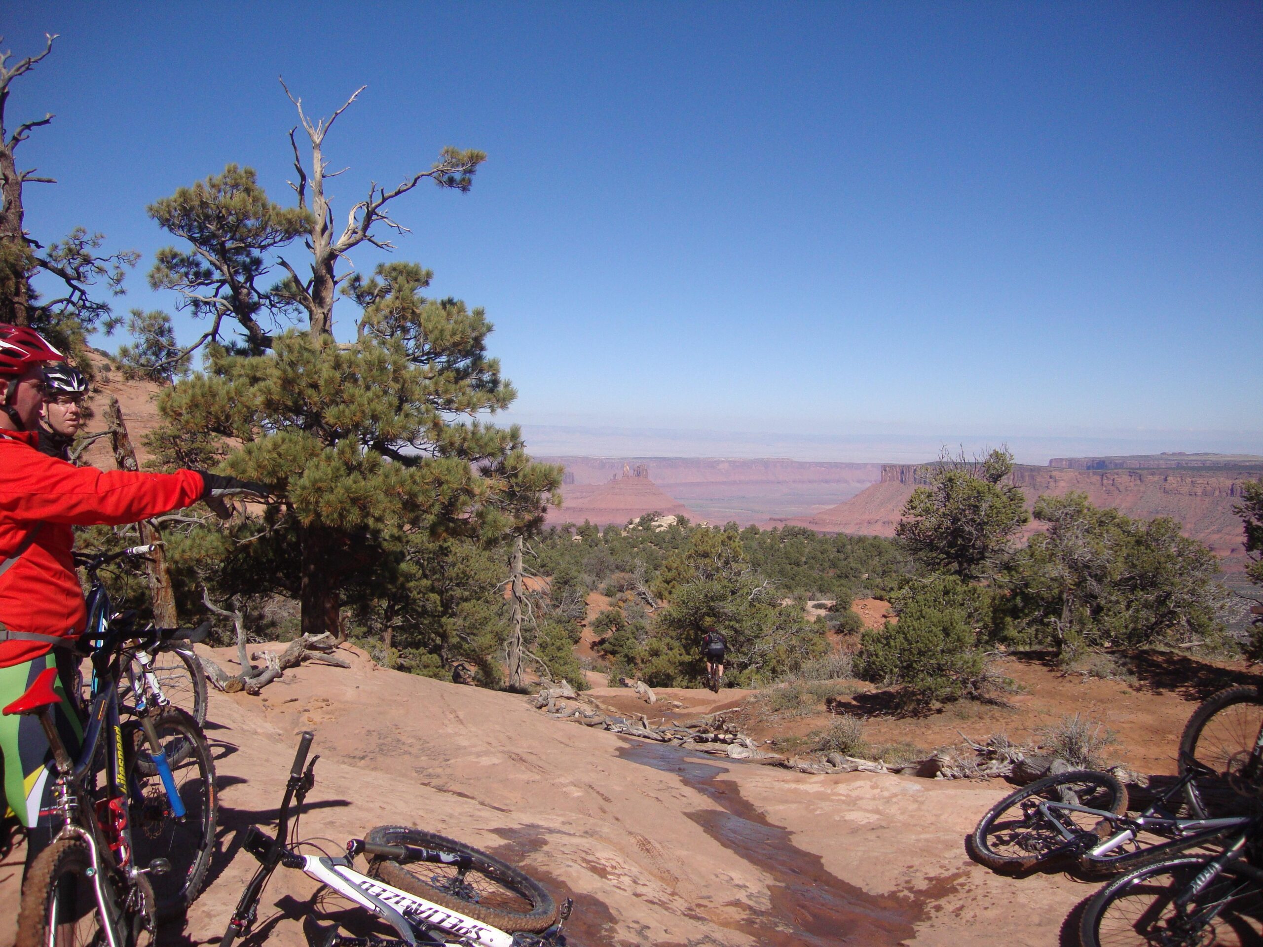 A group of mountain bikers pauses on a rocky trail overlooking a vast desert landscape. One biker in a red jacket points towards the horizon, while several bikes are parked nearby. The scene features tall trees and a clear blue sky, with layers of reddish rock formations extending into the distance. Porcupine Rim mountain bike trail.