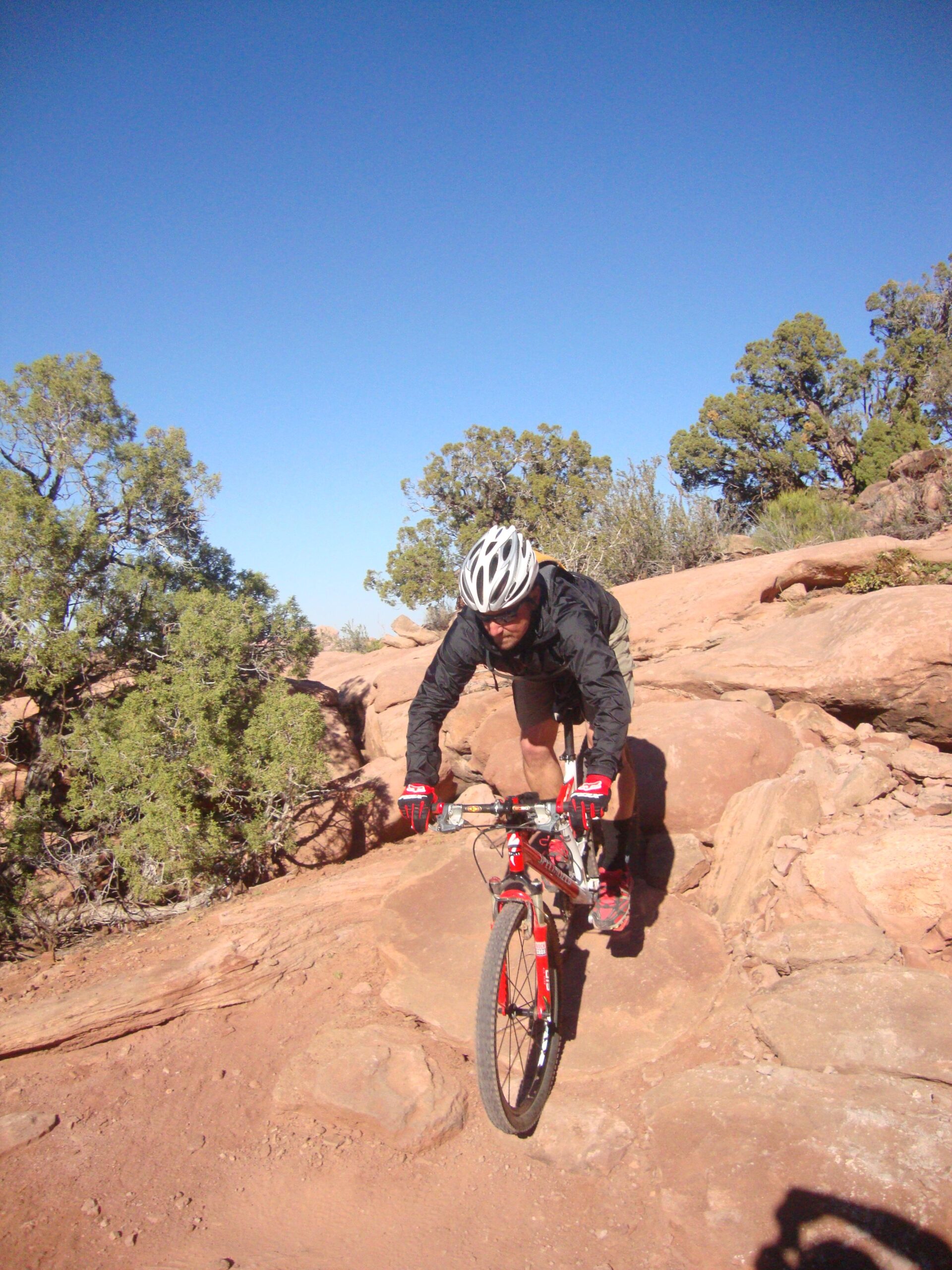 A mountain biker descending a rocky terrain, wearing a helmet and gloves, on a bright day with clear blue skies. Surrounding the biker are shrubs and trees, highlighting an outdoor adventure setting. Amasa Back Trail mountain bike trail.