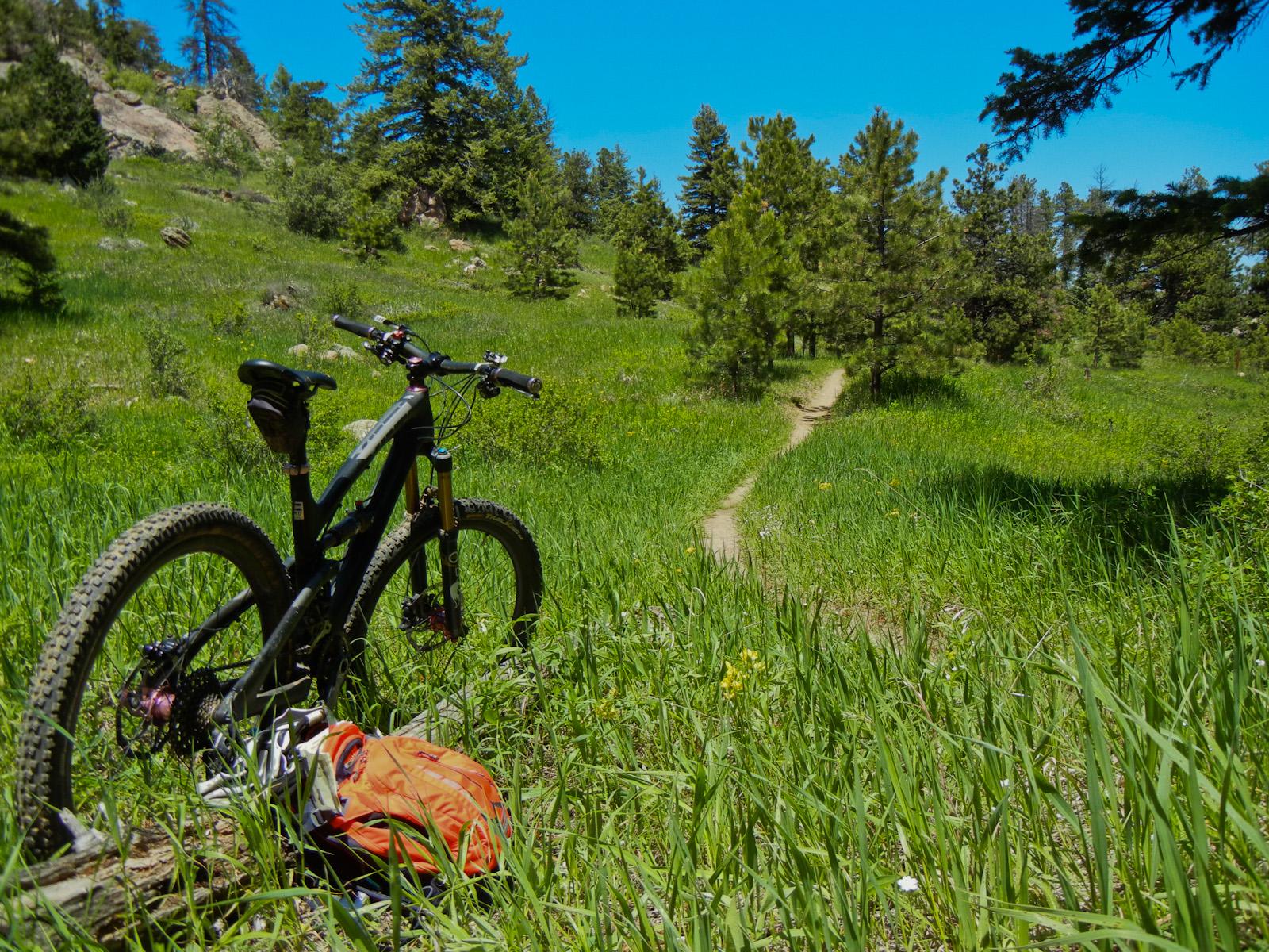 A mountain bike resting on the grass next to an orange backpack, with a winding dirt trail visible in the background, surrounded by lush greenery and trees under a clear blue sky. West Ridge trail mountain bike trail.