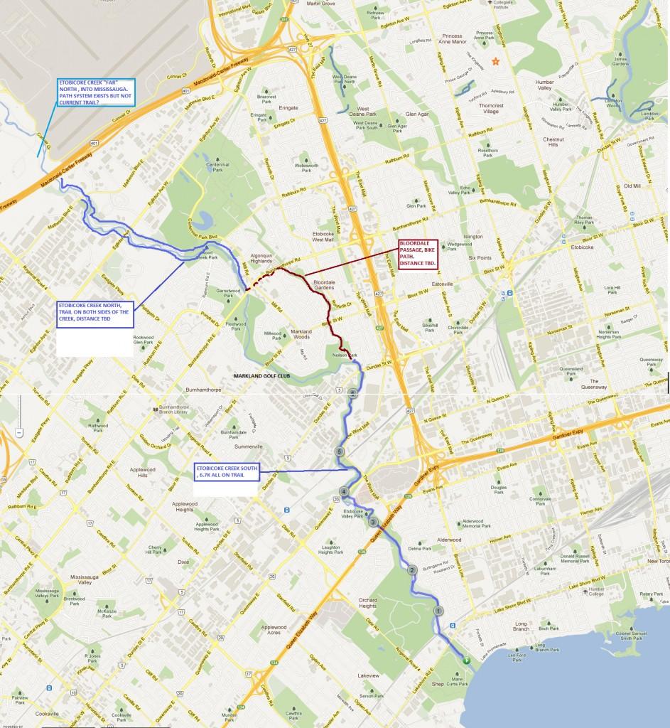 Map showing Etobicoke Creek and its surrounding areas, including designated paths for walking and biking. The map highlights the north and south trails along the creek, marked in blue, as well as the Blodgettville Pass, indicated in red. Key intersections and landmarks are labeled, with notes on distances for each section of the path. Etobicoke Creek mountain bike trail.