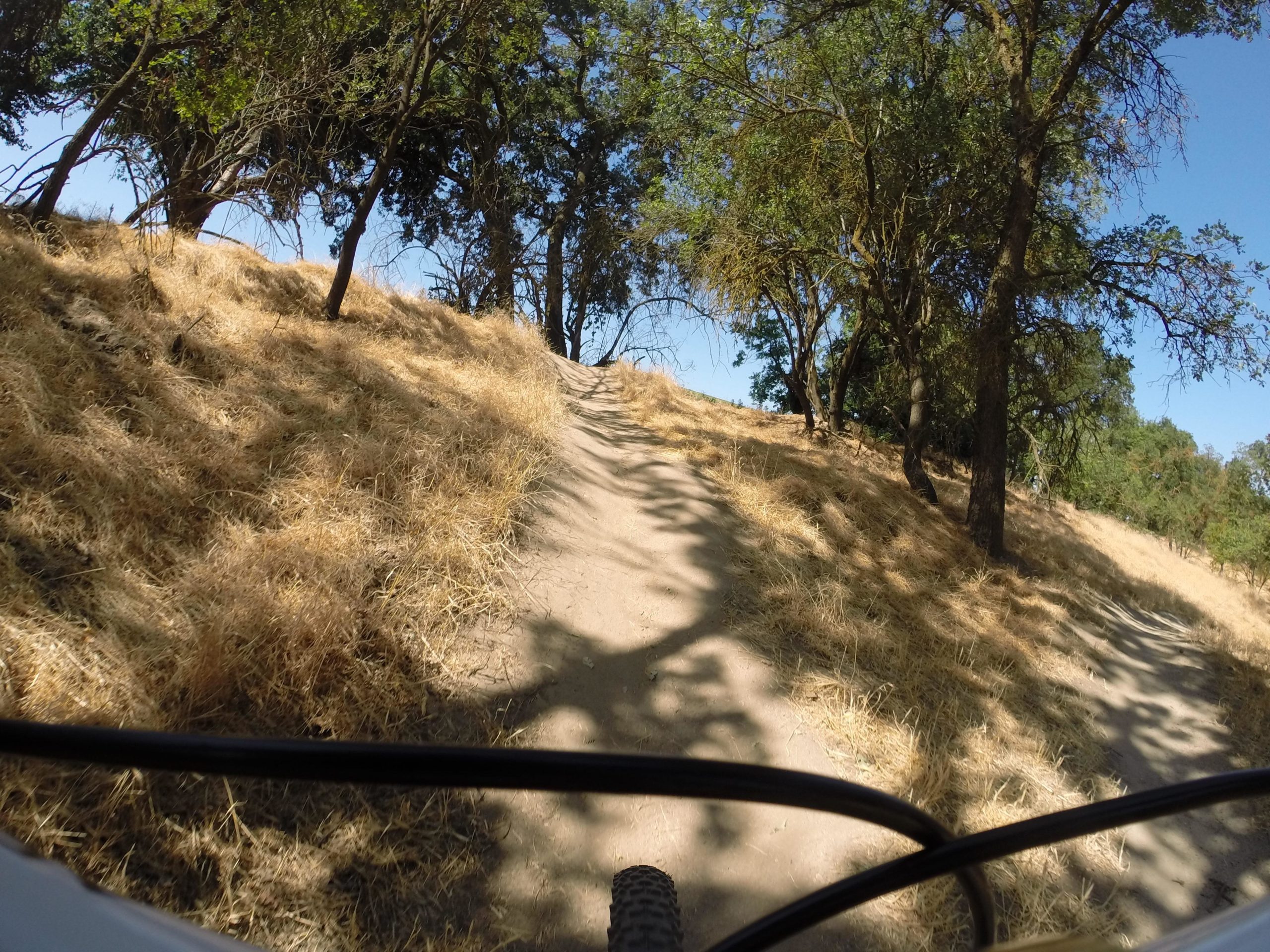 A view of a dirt trail winding uphill, surrounded by dry grasses and trees. The scene captures a sunny day with clear blue skies, showcasing the natural landscape of a cycling path. The image includes the handlebars of a bicycle, suggesting an active biking perspective. Dry Creek Trail mountain bike trail.