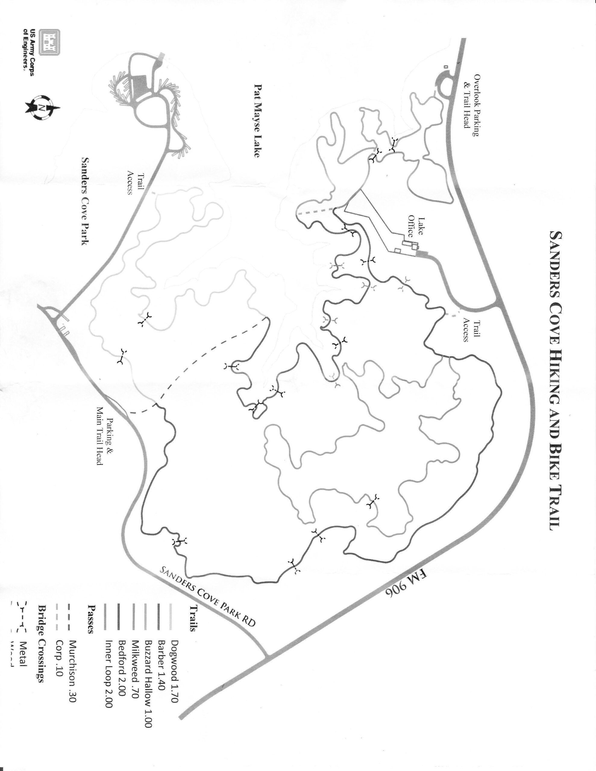 Map of Sanders Cove Hiking and Bike Trail, featuring trail routes, access points, and nearby locations such as Pat Mayse Lake and Sanders Cove Park. Includes details on different trail segments and their respective distances. Barber Hills Trail at Pat Mayse Lake mountain bike trail.