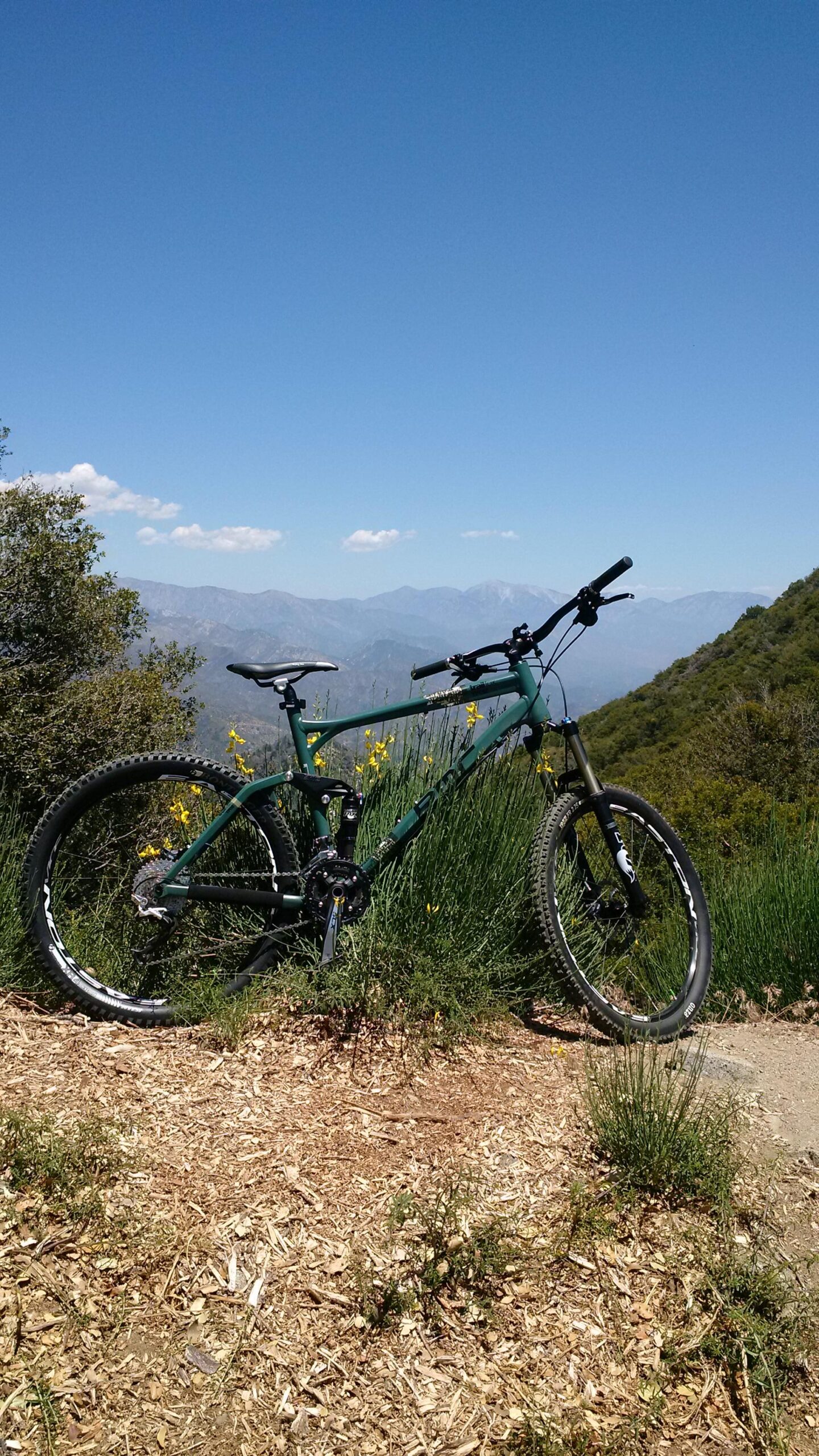 A green mountain bike is leaning against a patch of grass and wildflowers, set against a backdrop of rolling mountains and a clear blue sky. Sunlight illuminates the scene, highlighting the bike's tires and details. Mount Lowe Railway mountain bike trail.