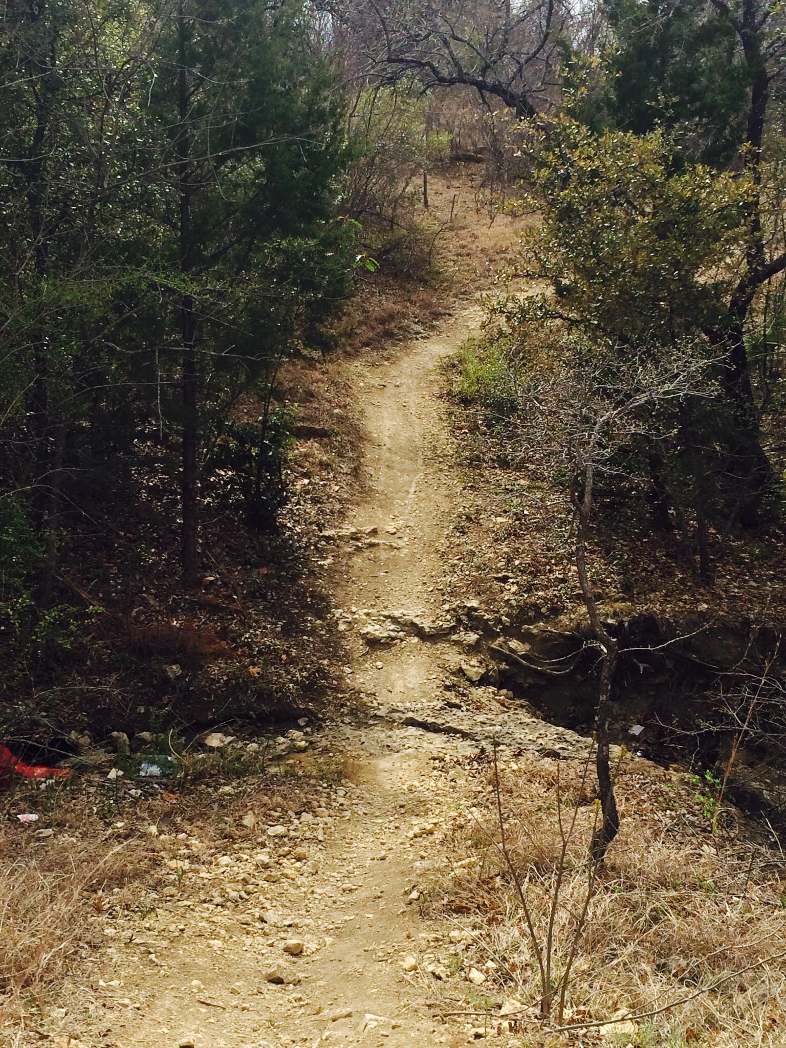 A narrow, winding dirt path leads uphill through a sparse, wooded area with scattered rocks and brush. The trail is flanked by green bushes and trees, with dry grass visible on the sides. In the background, a gentle incline is seen, hinting at the continuation of the path into the distance. Gateway Park mountain bike trail.
