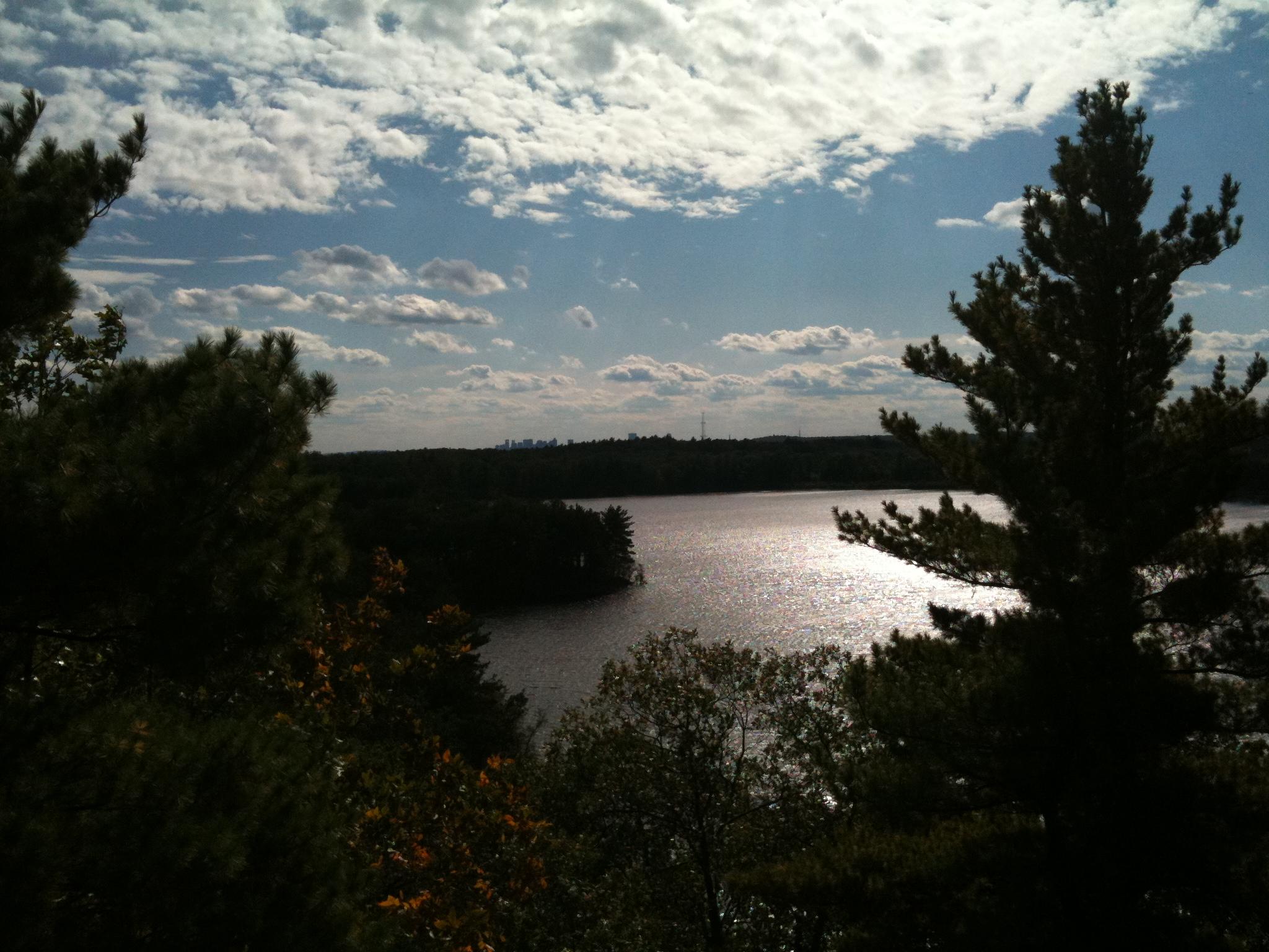 A scenic view of a tranquil lake surrounded by trees, with a cloudy sky overhead and a city skyline visible in the distance. The sun reflects on the water's surface, creating a shimmering effect. Lynn Woods Reservation mountain bike trail.