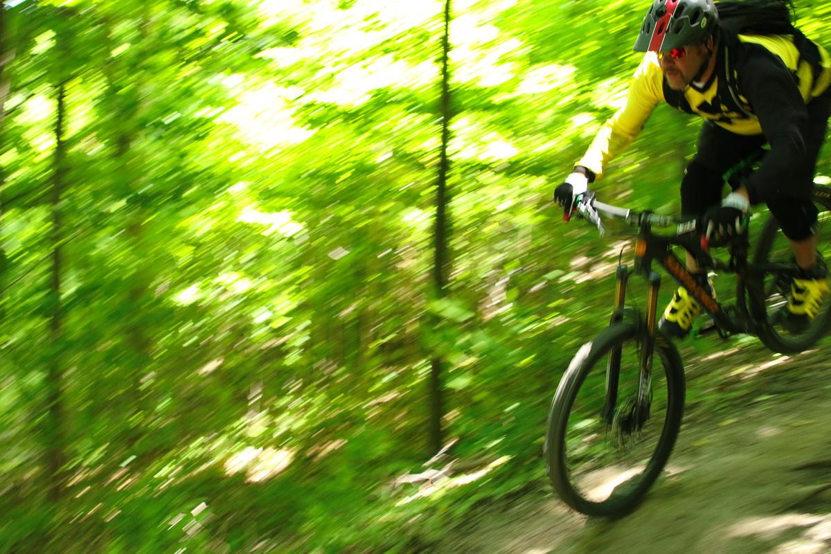 A mountain biker in a yellow and black outfit rides swiftly along a dirt trail surrounded by lush green trees, with a blurred background that conveys motion and speed. Don Valley mountain bike trail.
