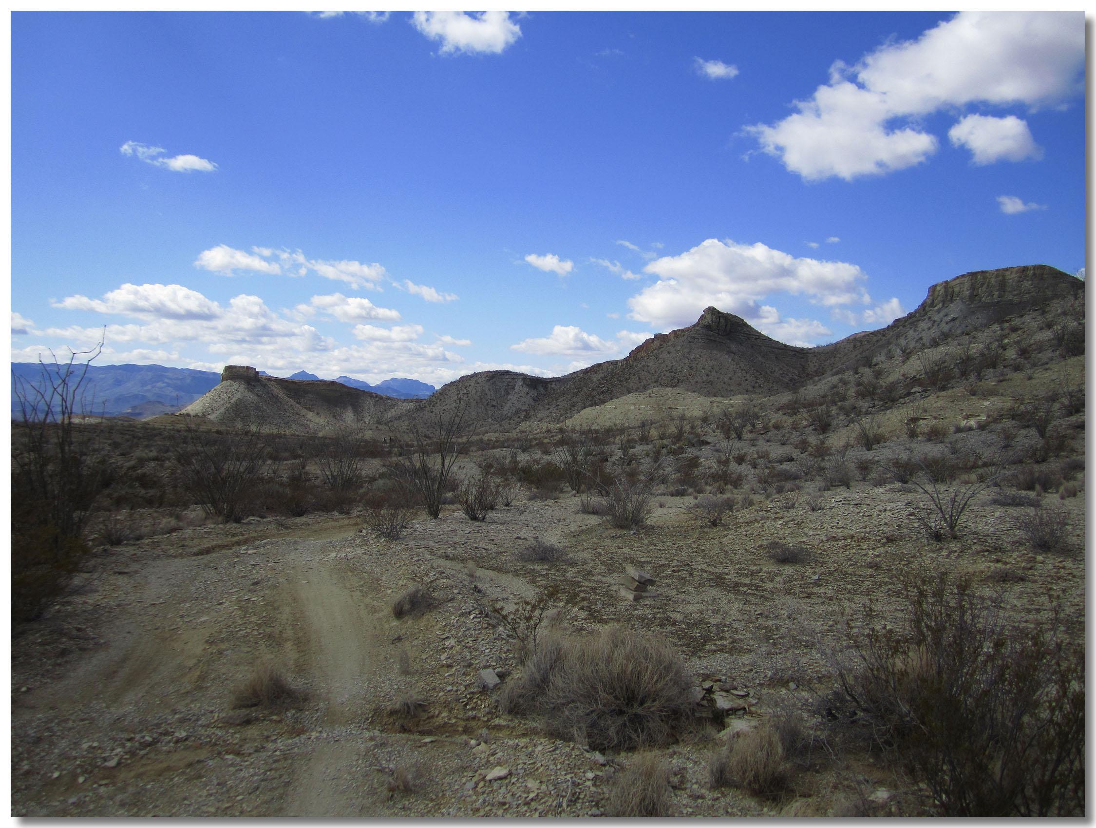 A panoramic view of a rugged desert landscape featuring rolling hills and sparse vegetation under a blue sky with scattered clouds. A dirt path winds through the foreground, leading towards the distant mountains. Big Bend Ranch State Park mountain bike trail.