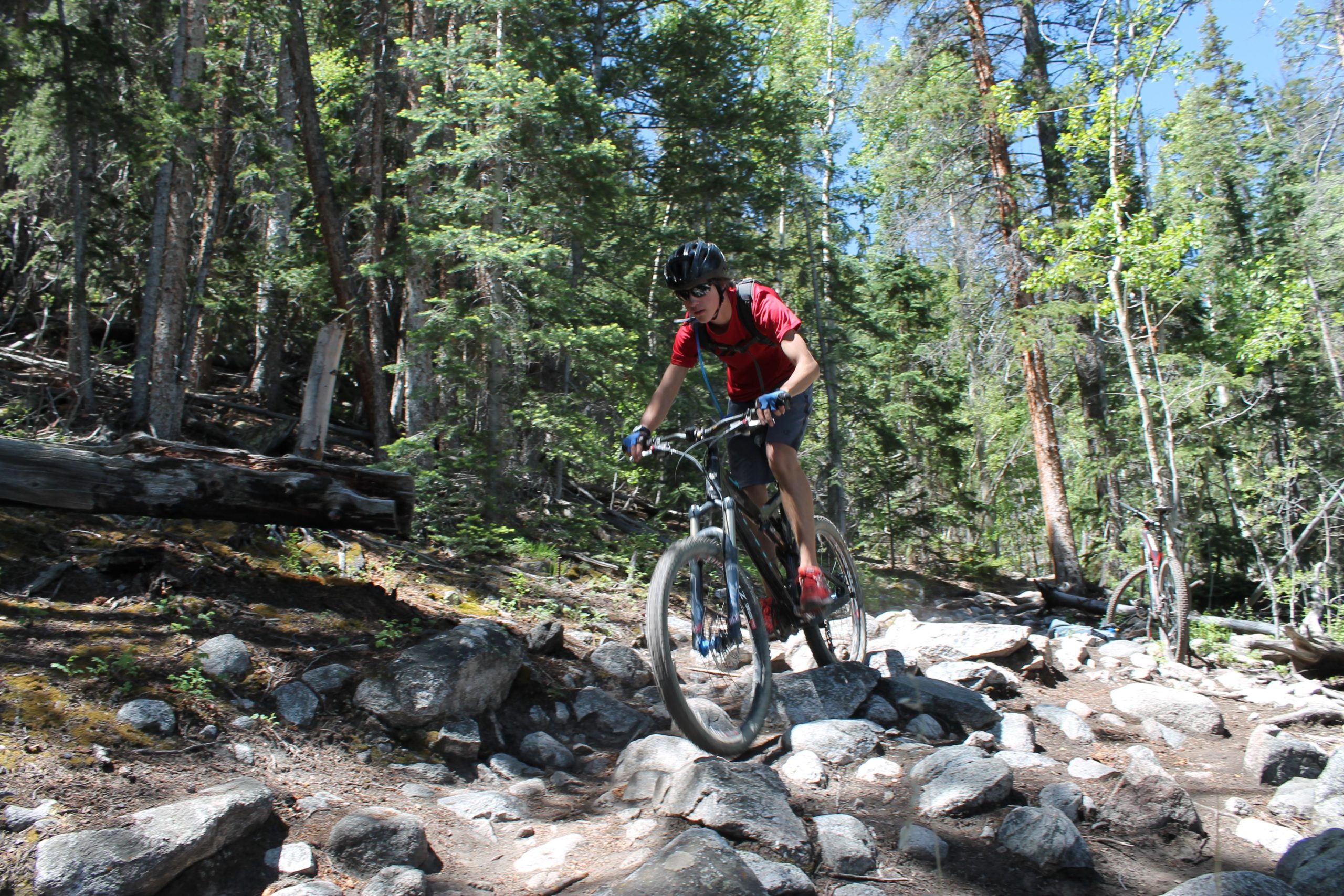 A person in a red shirt and helmet riding a mountain bike over rocky terrain in a forested area on a sunny day. Twin Lakes Loop mountain bike trail.