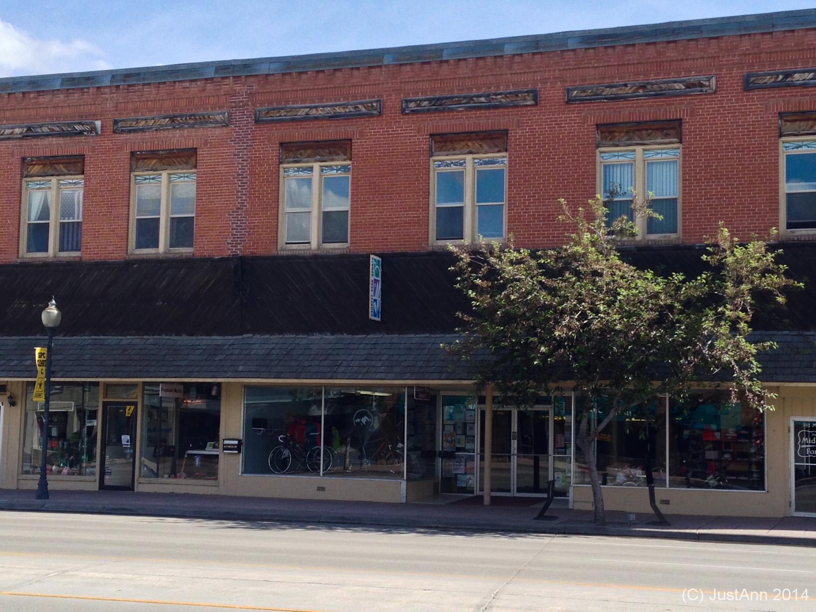 A street view of a brick building with several windows and a storefront featuring large display windows. The lower level showcases various items for sale, while a small tree is positioned in front. A streetlamp and signage can also be seen along the sidewalk.