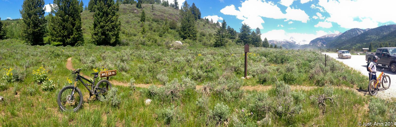 A panoramic view of a grassy landscape with a dirt mountain biking trail marked by a wooden sign for "Mill Creek Trail." In the foreground, a mountain bike rests on the side of the trail, while a person in cycling attire stands near the bike. The background features a variety of trees and distant mountains under a clear blue sky with white clouds. Several vehicles are parked along the road in the distance. Mill Creek mountain bike trail.