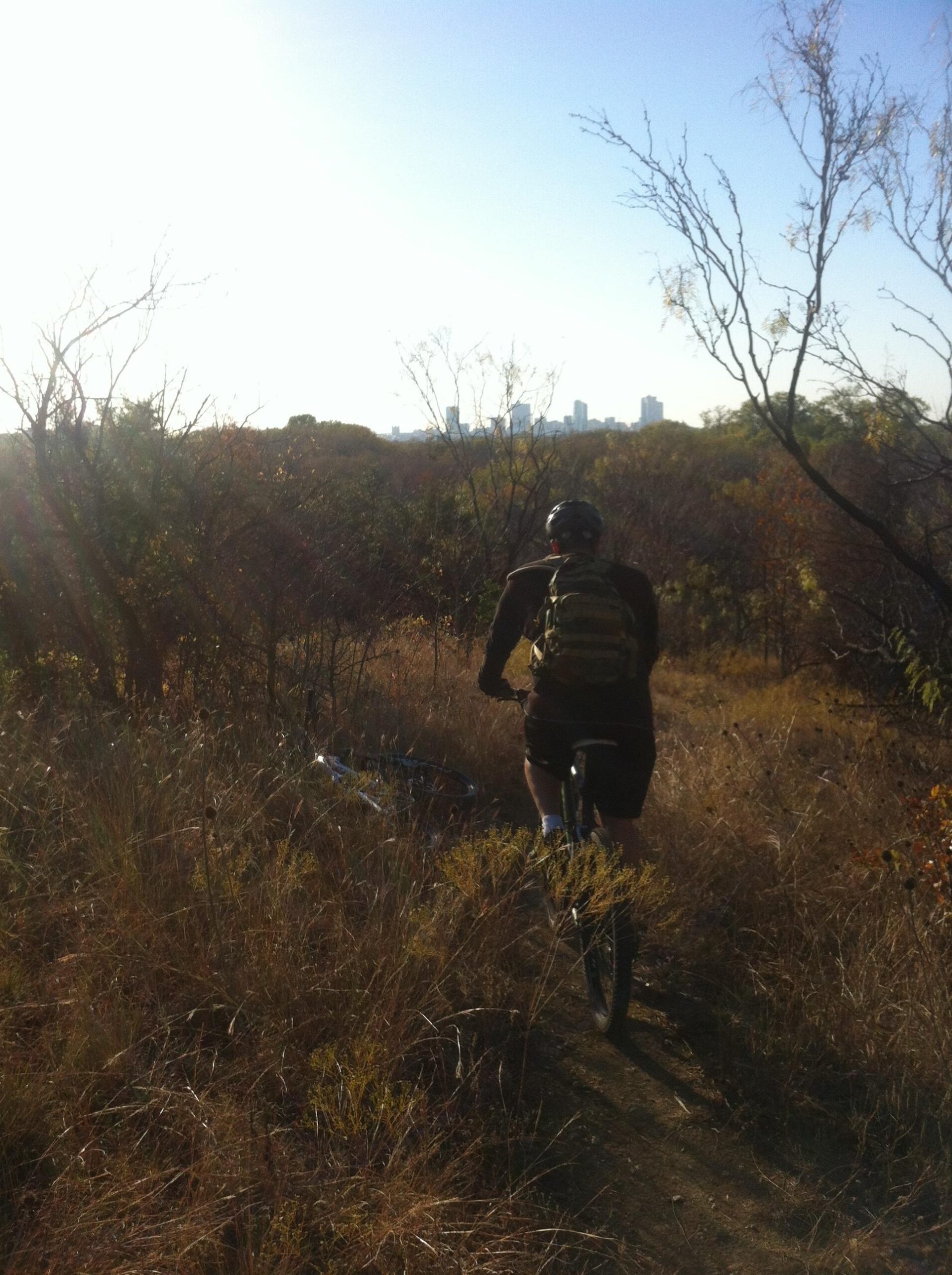 A cyclist riding on a dirt path through tall grass and shrubs, with a view of a city skyline in the background against a bright sky. The sun is low in the sky, creating a warm, natural lighting. Gateway Park mountain bike trail.