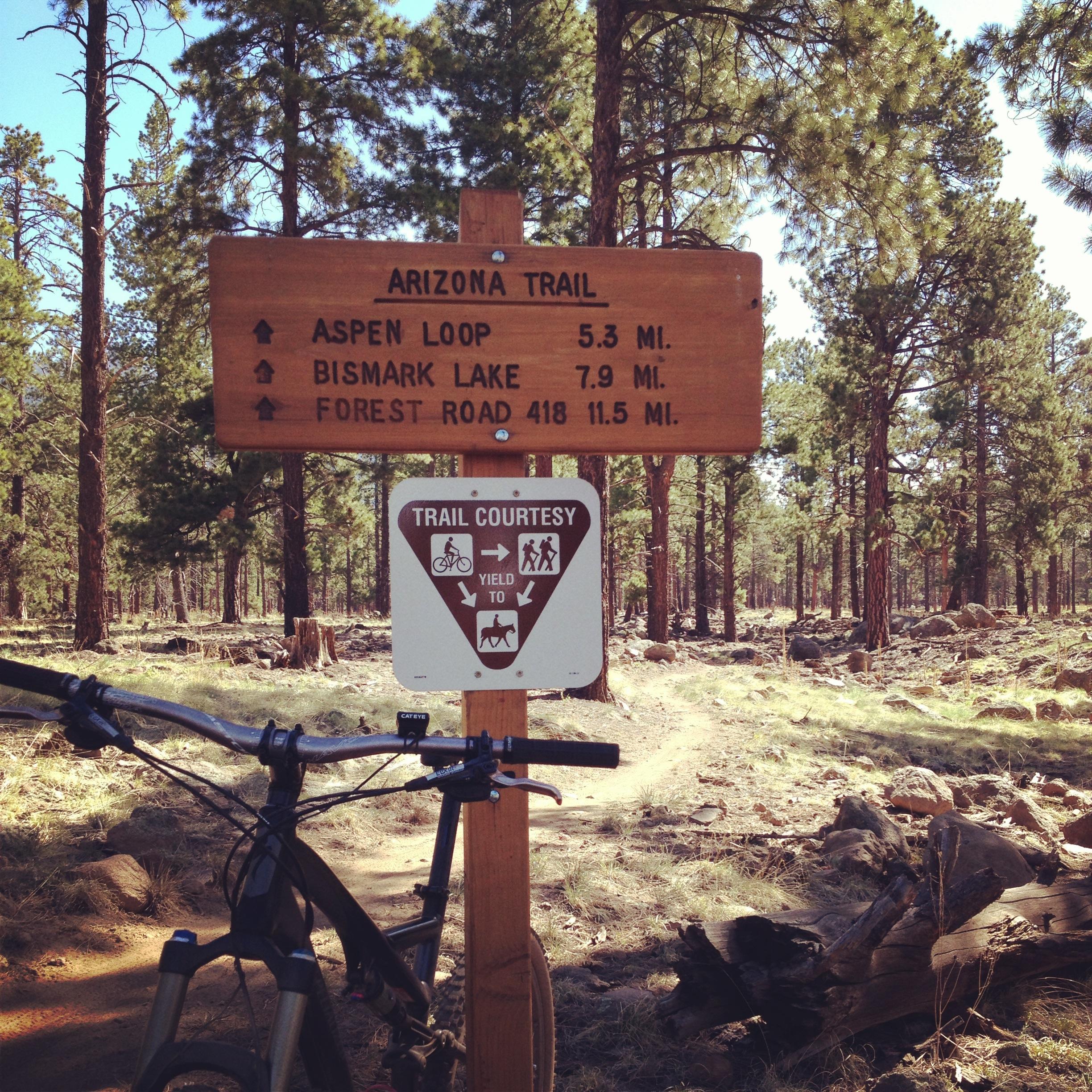 Wooden trail sign for the Arizona Trail, indicating routes to Aspen Loop, Bismark Lake, and Forest Road 418 with respective distances. A trail courtesy sign below advises yielding protocols for cyclists and hikers. A mountain bike is positioned in the foreground, with a forested area visible in the background. Arizona Trail: Flagstaff mountain bike trail.