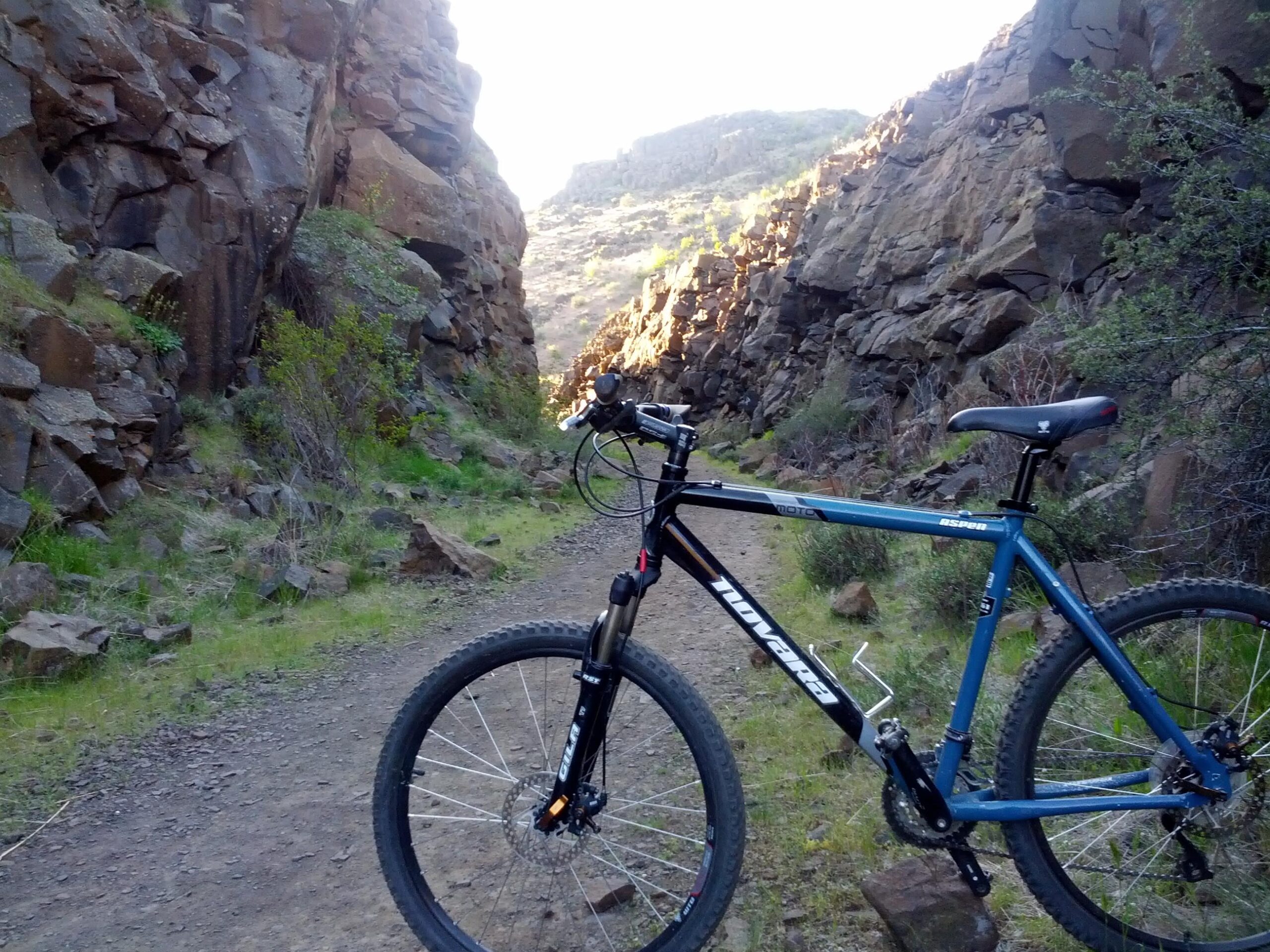 A mountain bike parked on a dirt path between rocky cliffs, with sunlight illuminating the narrow canyon ahead, surrounded by green grass and shrubs. Cowiche Canyon mountain bike trail.