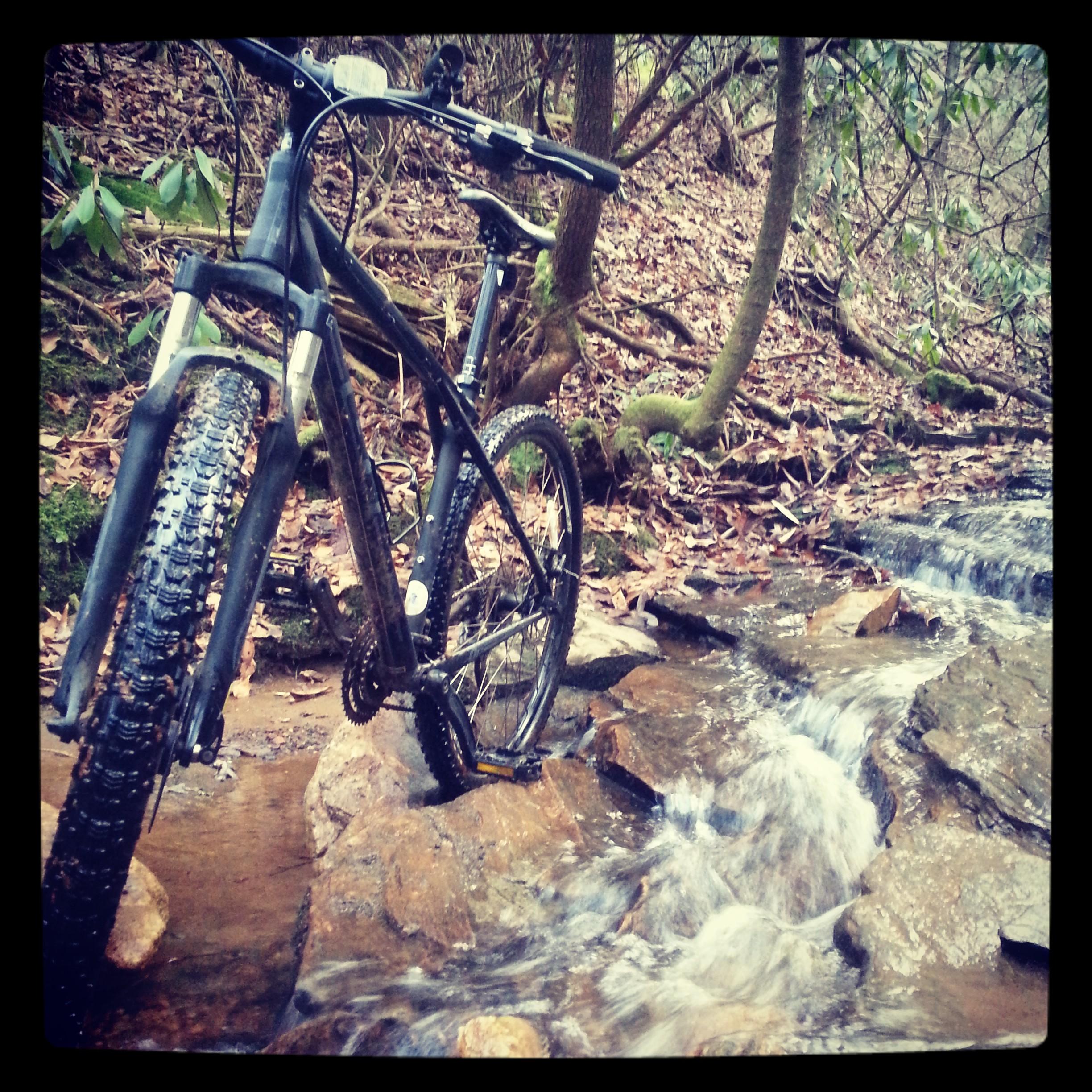 A mountain bike positioned beside a flowing stream in a forested area, surrounded by fallen leaves and rocks. The setting conveys a sense of adventure and outdoor exploration. DuPont State Forest mountain bike trail.