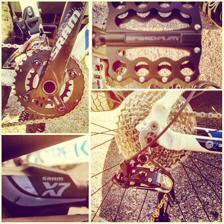 Trek Mamba: A close-up collage showcasing various components of a mountain bike, including the crankset, pedals, rear derailleur, and cassette. The images highlight detailed brand logos such as SRAM X7 and X9, as well as the intricate designs of the bike's drivetrain parts. The background features textured surfaces and bike details in natural lighting.