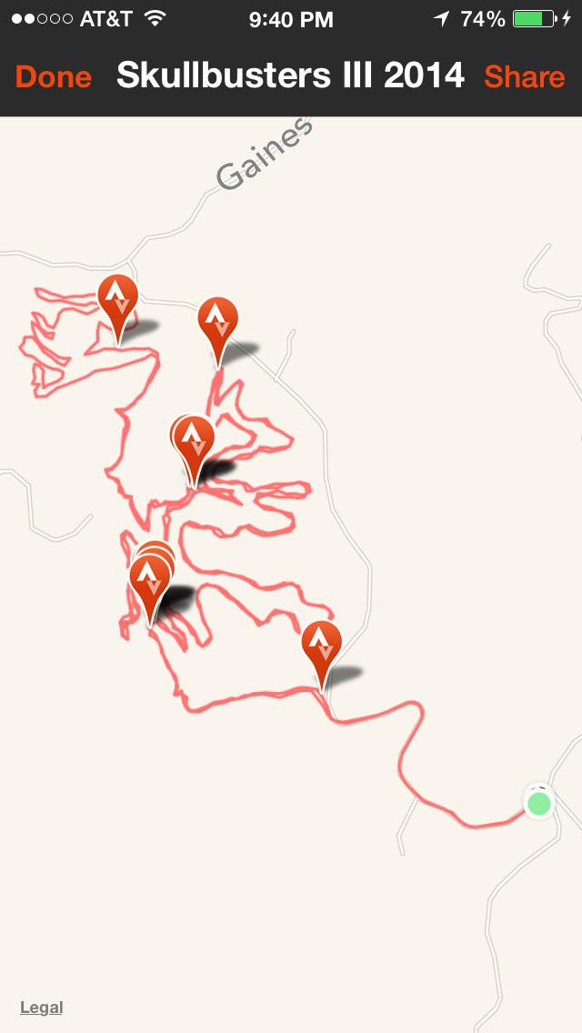 Map showing the route for "Skullbusters III 2014," with red lines indicating the trail path and several marked points along the route near the area labeled "Gaines." Skullbuster mountain bike trail.