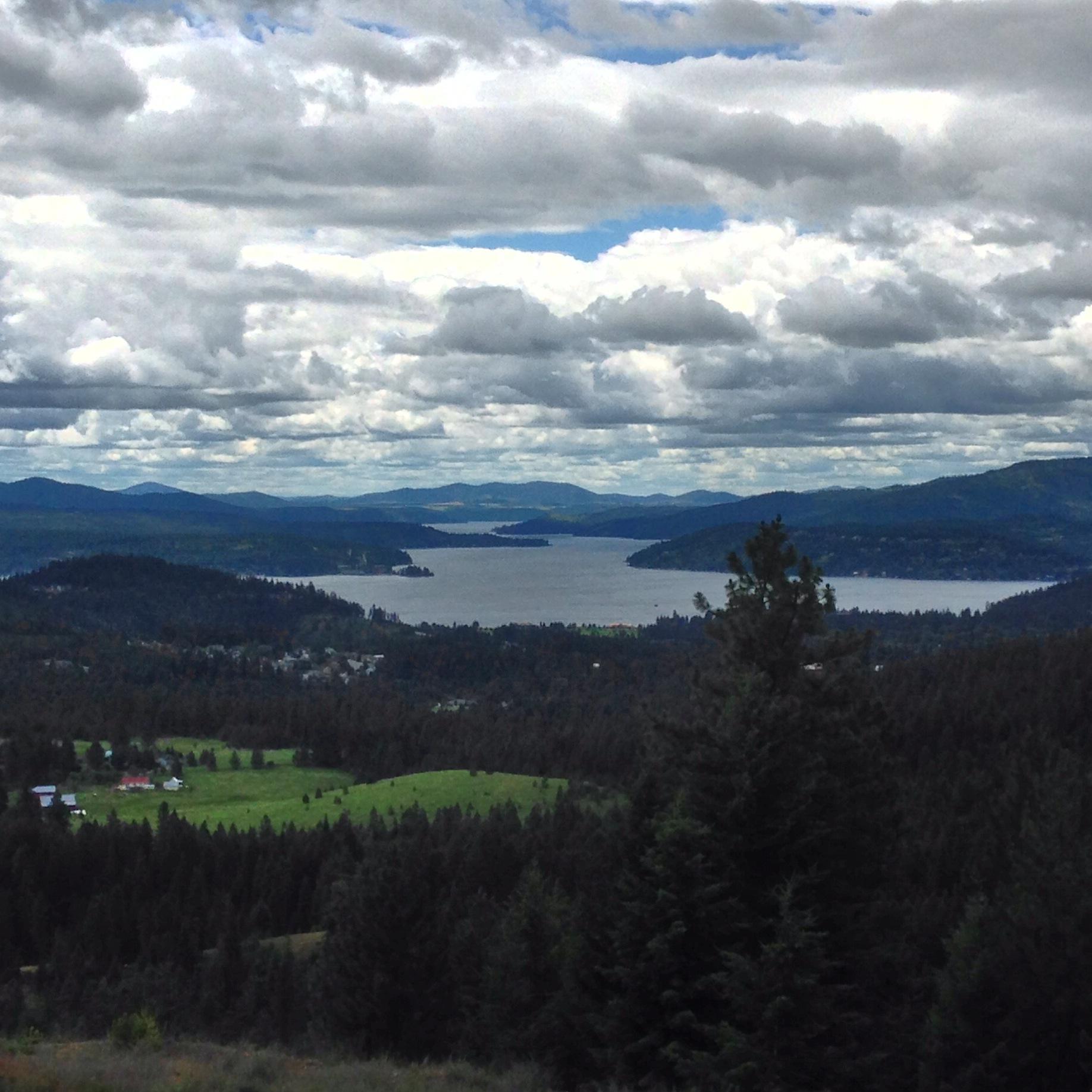 A scenic view of a lake surrounded by mountains and lush forests under a cloudy sky. The landscape features green fields and patches of trees in the foreground, with the lake stretching into the distance, reflecting the overcast sky. Trail 8 mountain bike trail.
