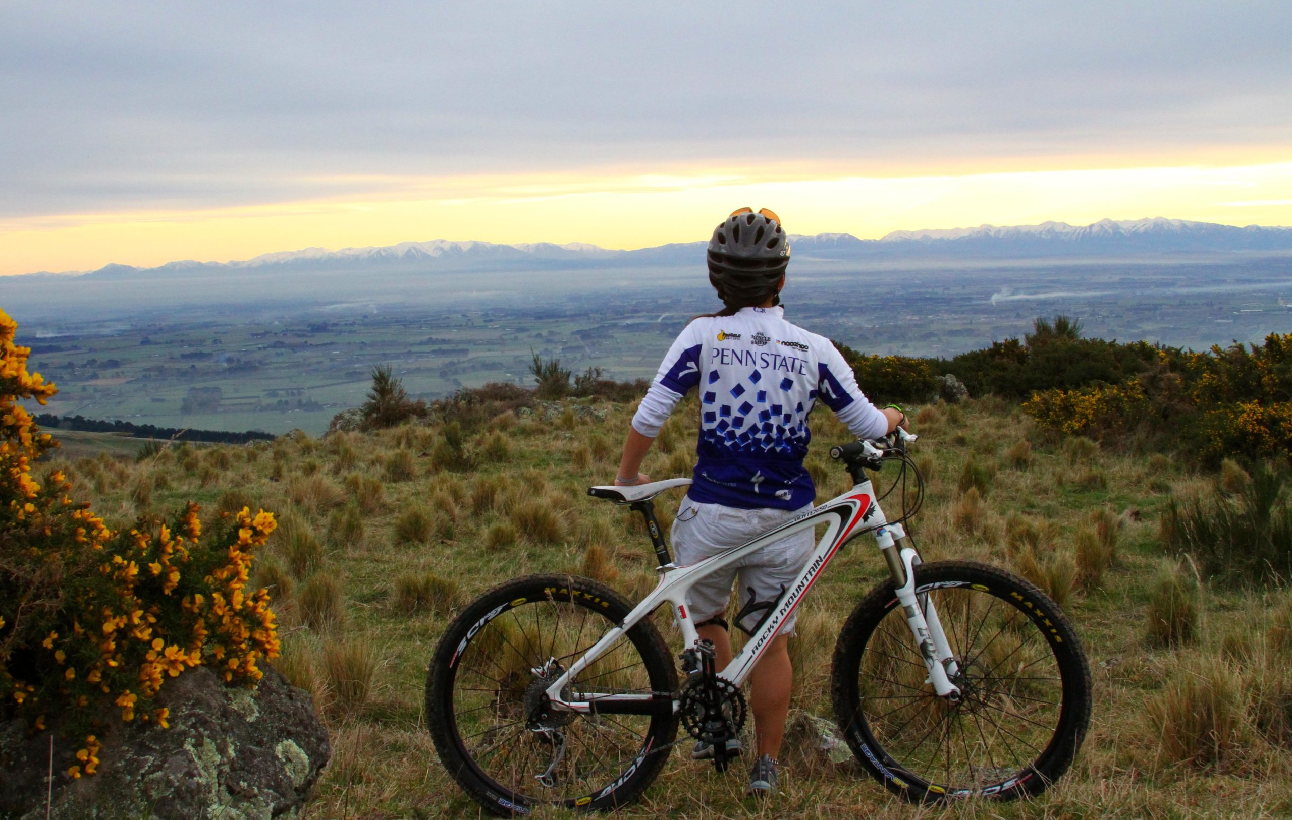 A person in a cycling helmet stands beside a mountain bike, gazing out over a scenic valley. The landscape features rolling green hills and distant snow-capped mountains under a cloudy sky, with wildflowers in the foreground. Port Hills Tracks mountain bike trail.