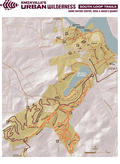 Map of Knoxville's Urban Wilderness South Loop Trails, highlighting Ijams Nature Center, Mead's Quarry, and Ross Marble Quarry. The map features marked parking areas, trail routes, and topographical details. Ijams Nature Centre mountain bike trail.