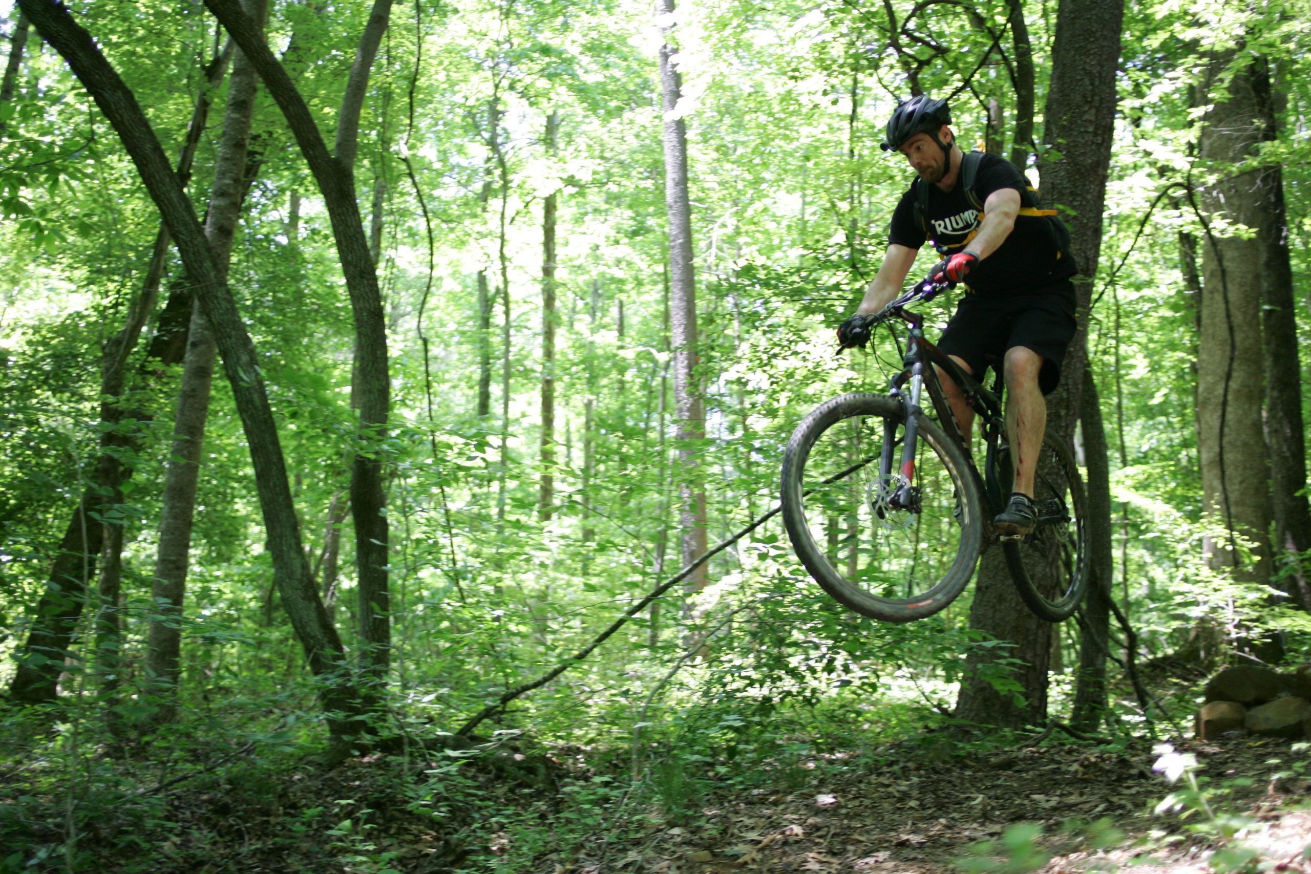 A mountain biker performing a jump on a trail surrounded by lush green trees in a forest. The rider is airborne, showcasing an adventurous and dynamic moment in outdoor cycling. Salem Lake mountain bike trail.