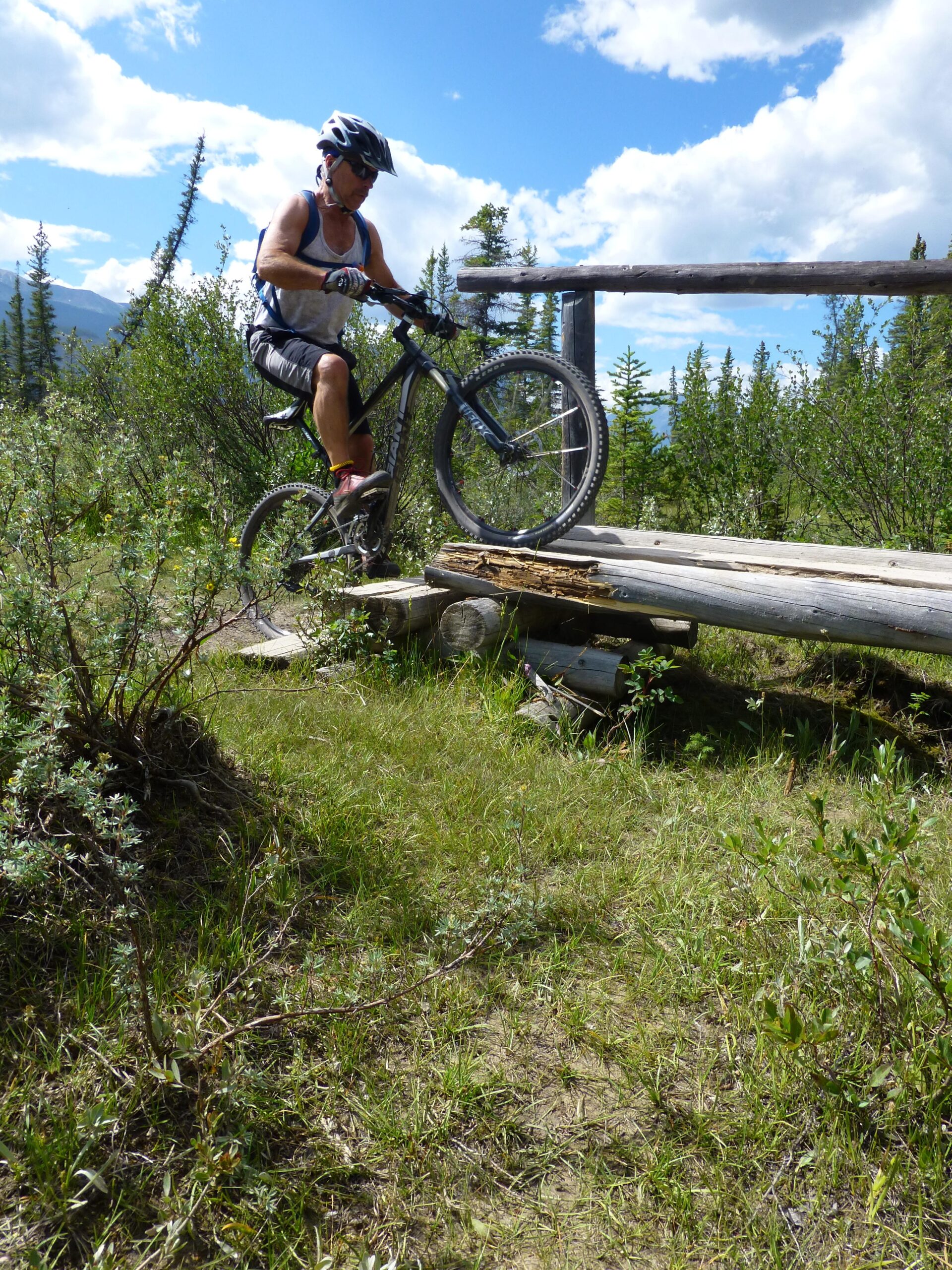 A mountain biker navigating a wooden ramp in a forested area, surrounded by greenery and under a blue sky with clouds. The cyclist is wearing a helmet and protective gear, showcasing a dynamic pose as they lift the front wheel of the bike over the edge of the ramp. The Overlander mountain bike trail.